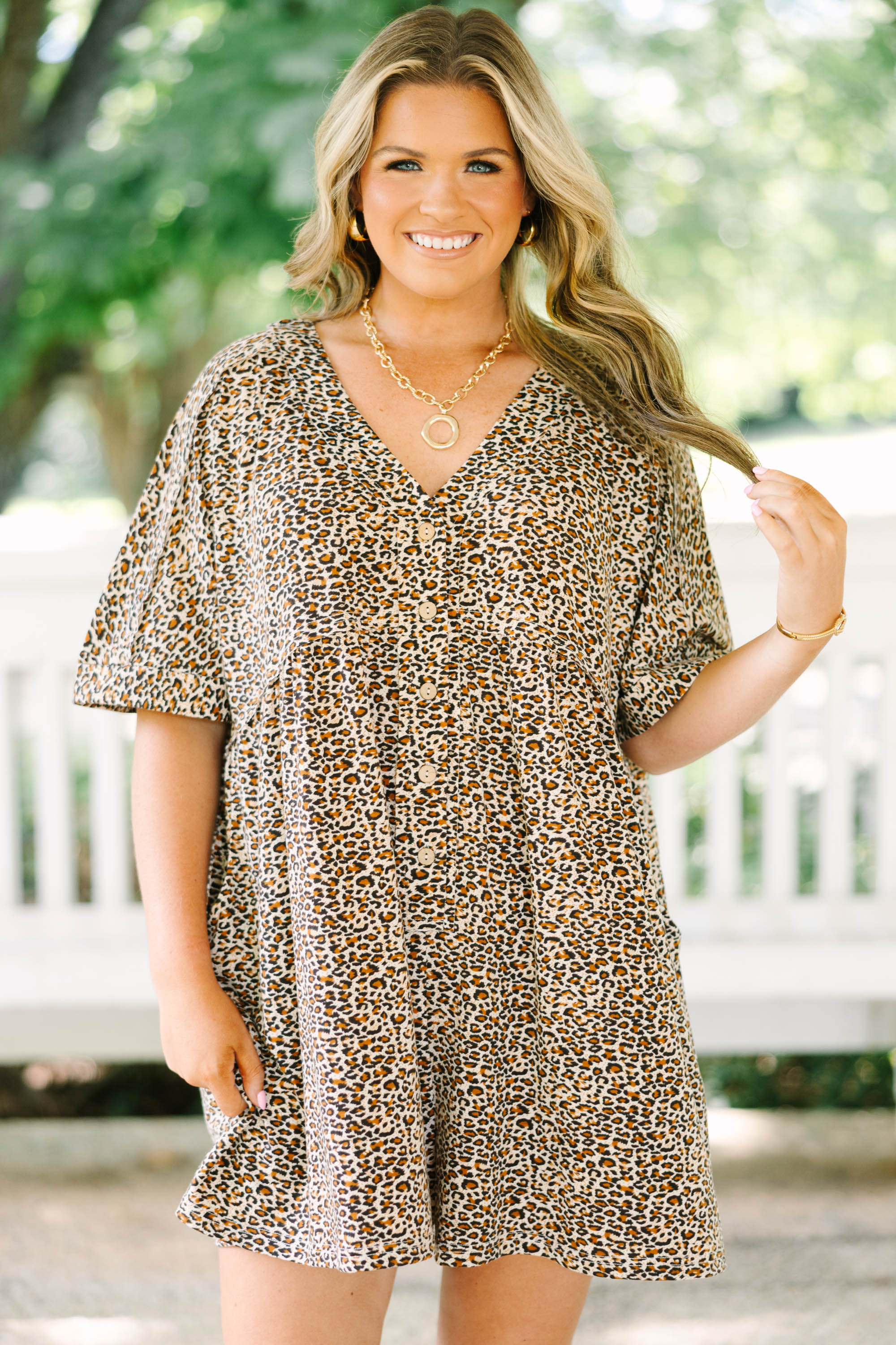 Throw On And Go Romper, Brown Leopard