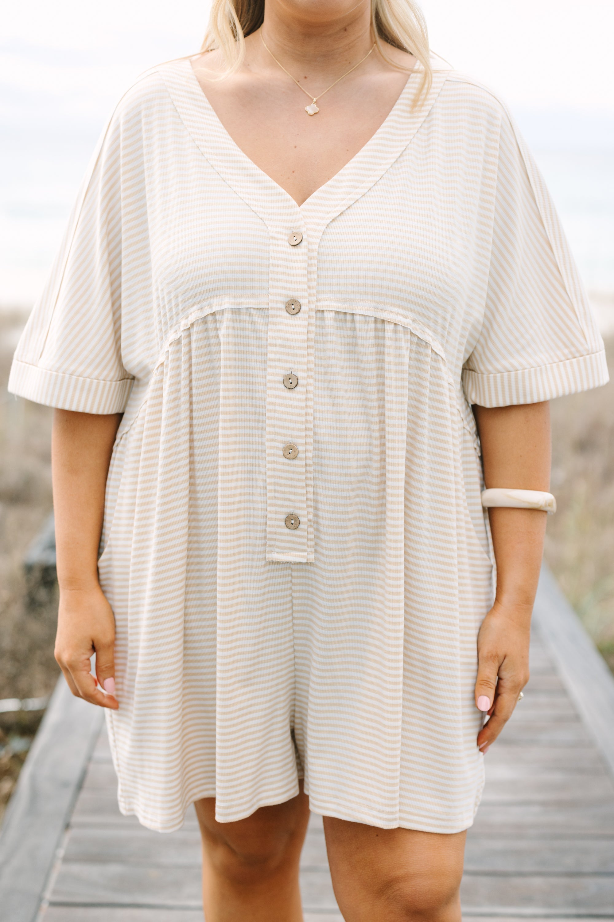 Throw On And Go Romper, Brown Stripe