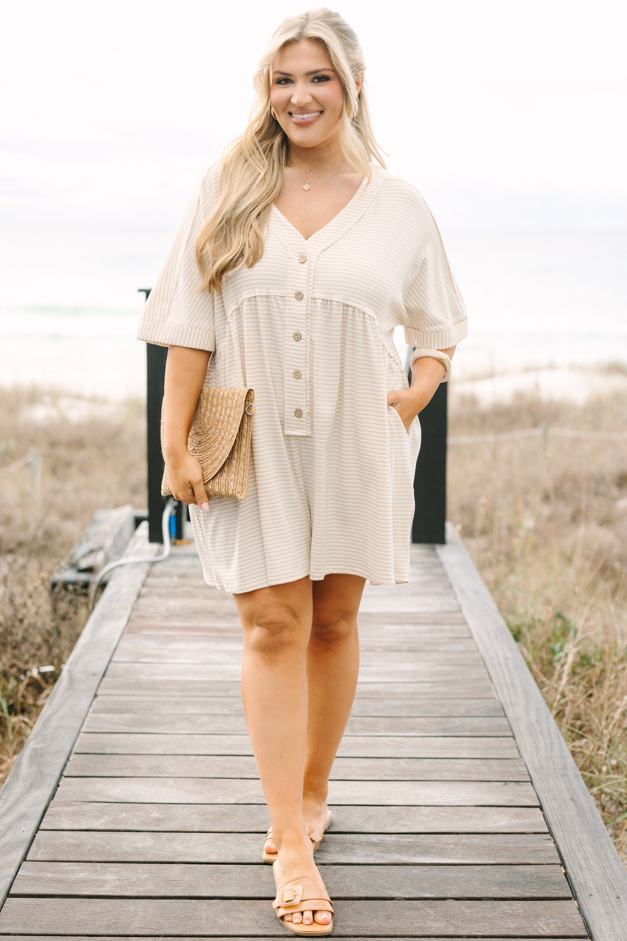 Throw On And Go Romper, Brown Stripe