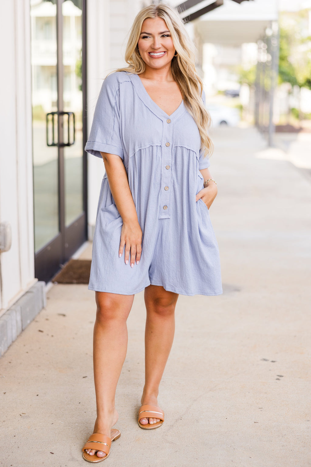 Throw On And Go Romper, Dusty Blue