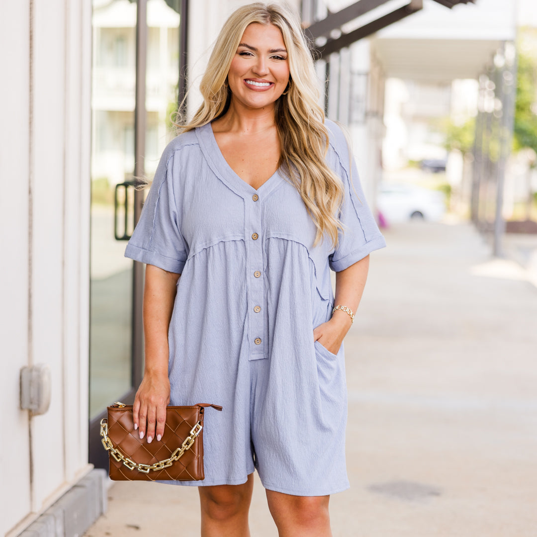 Throw On And Go Romper, Dusty Blue