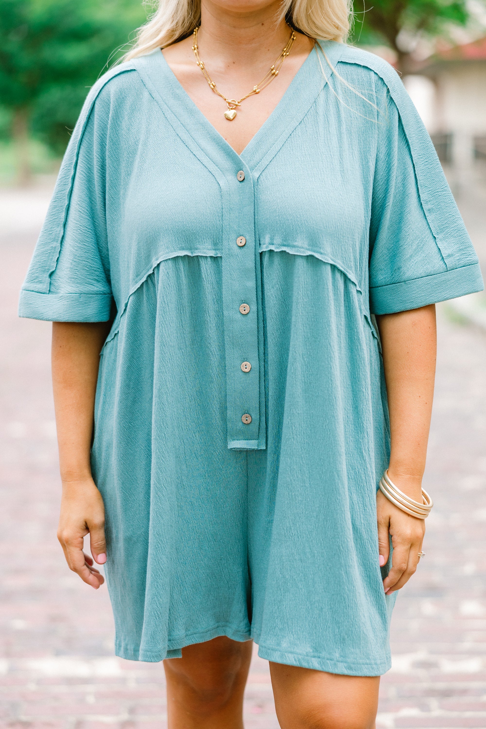 Throw On And Go Romper, Dusty Teal