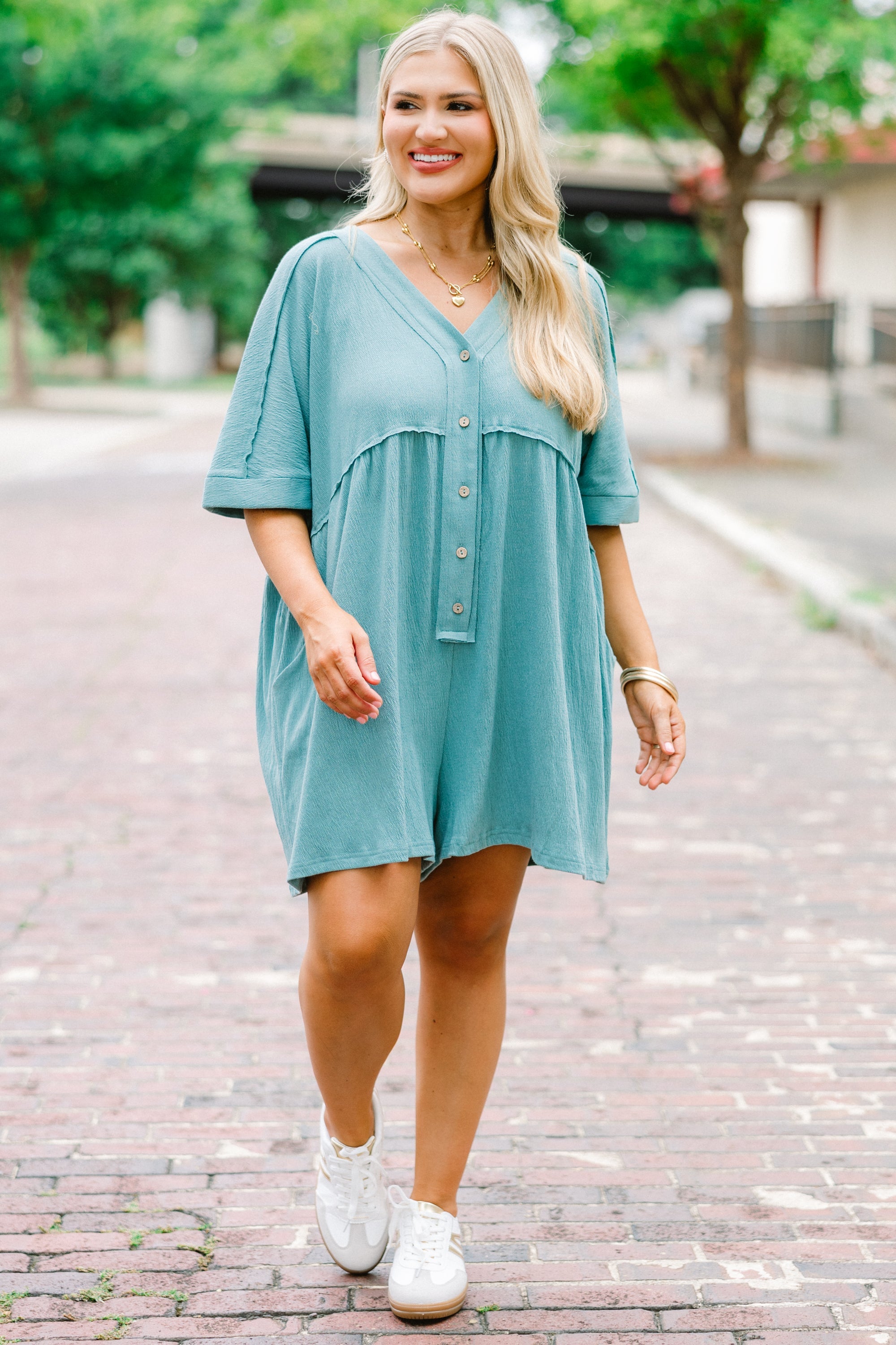 Throw On And Go Romper, Dusty Teal