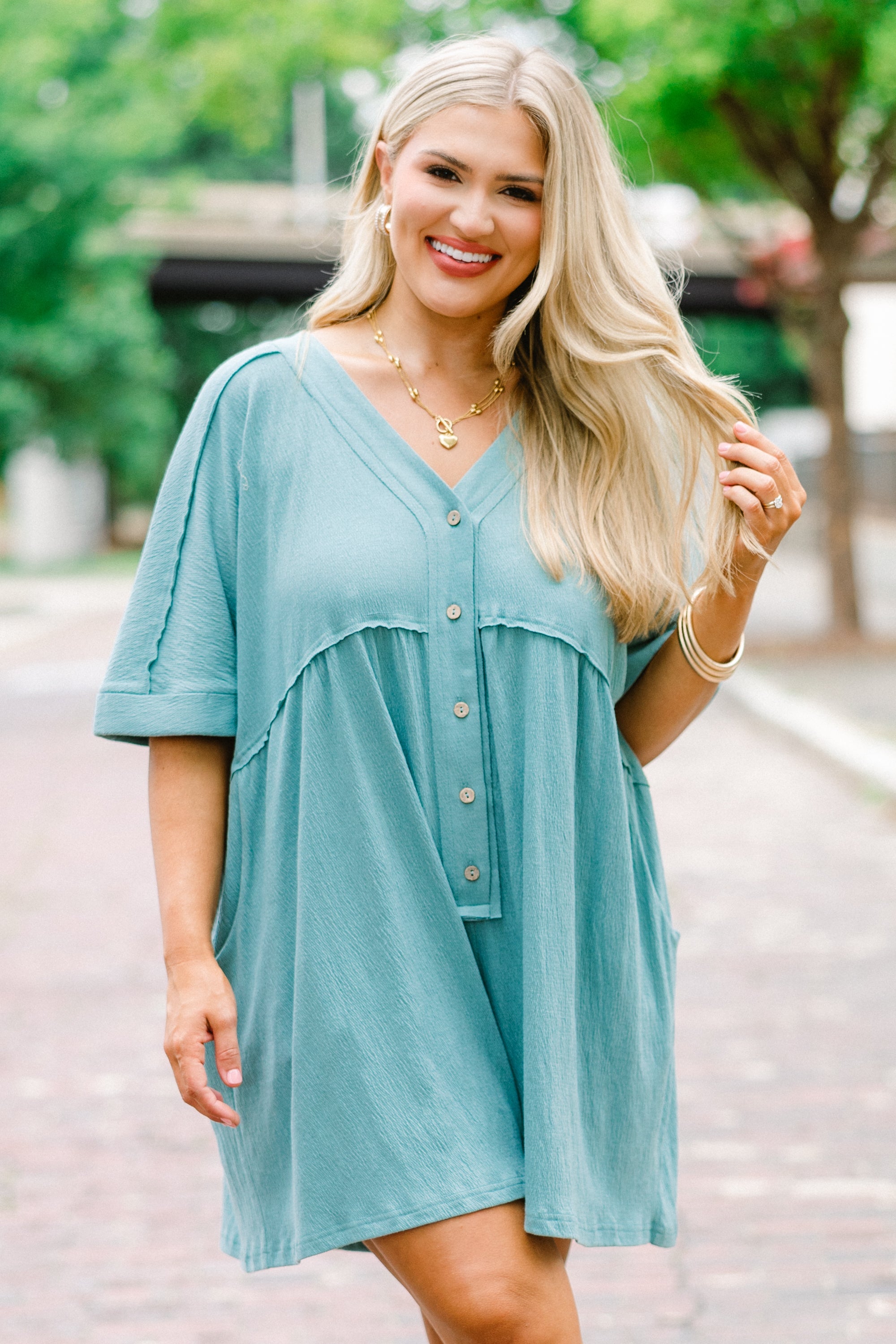 Throw On And Go Romper, Dusty Teal