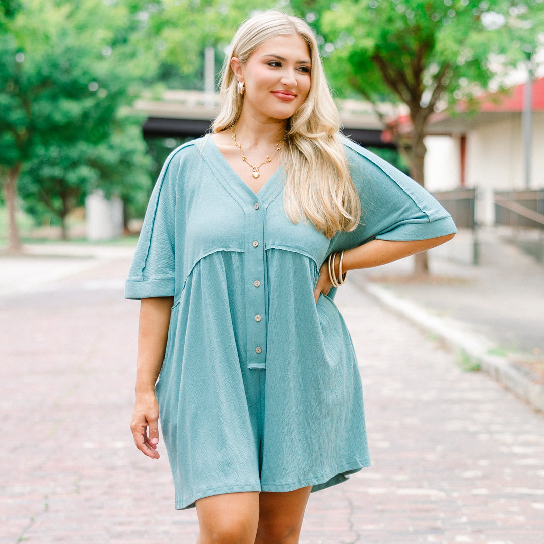 Throw On And Go Romper, Dusty Teal