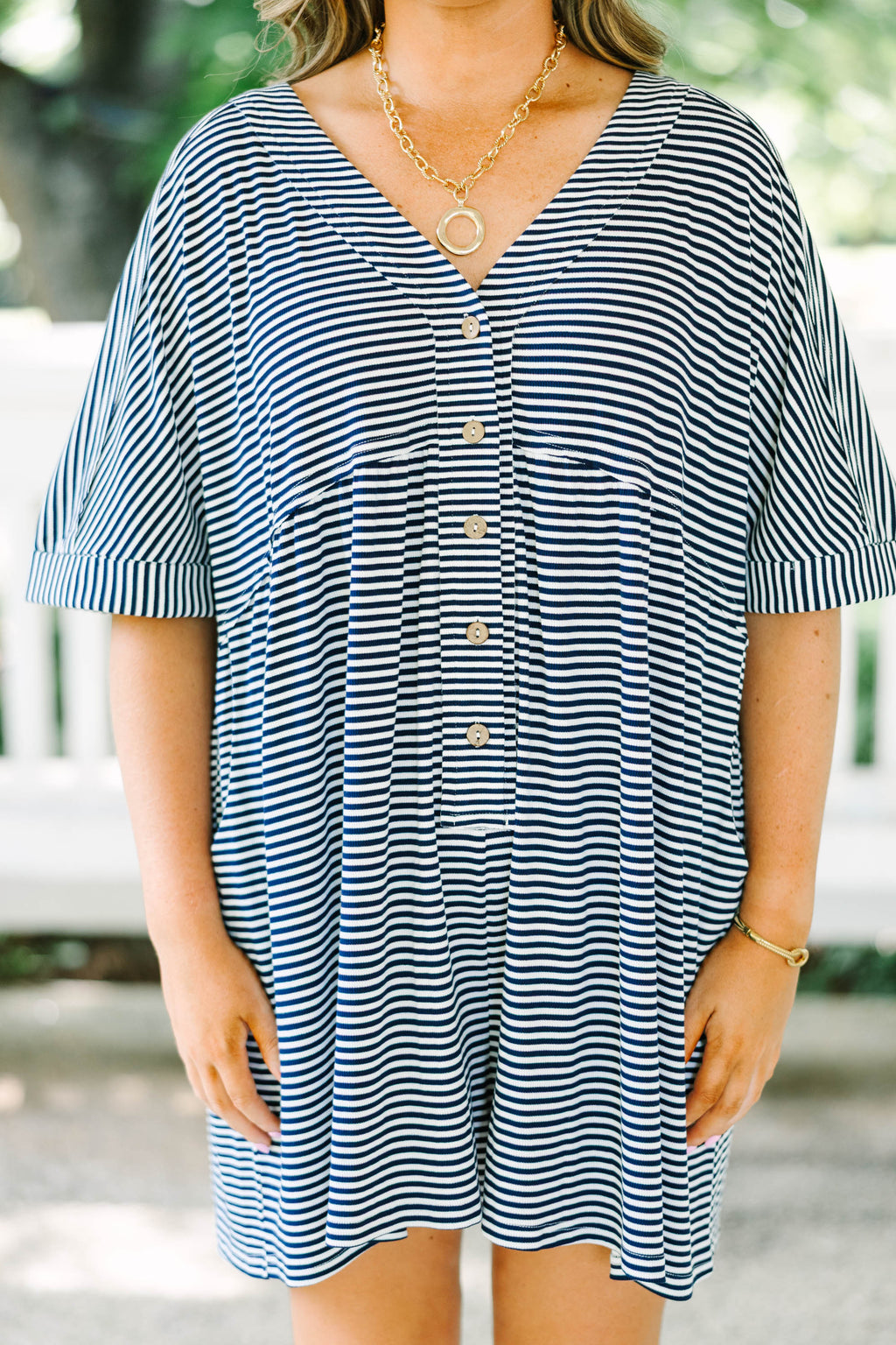 Throw On And Go Romper, Navy Stripe