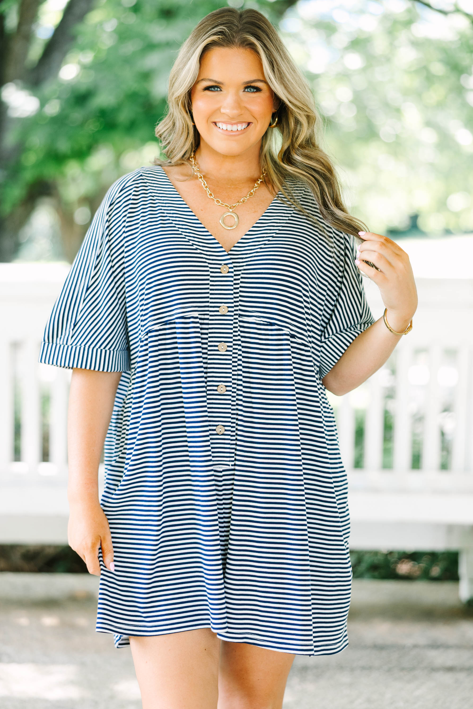 Throw On And Go Romper, Navy Stripe