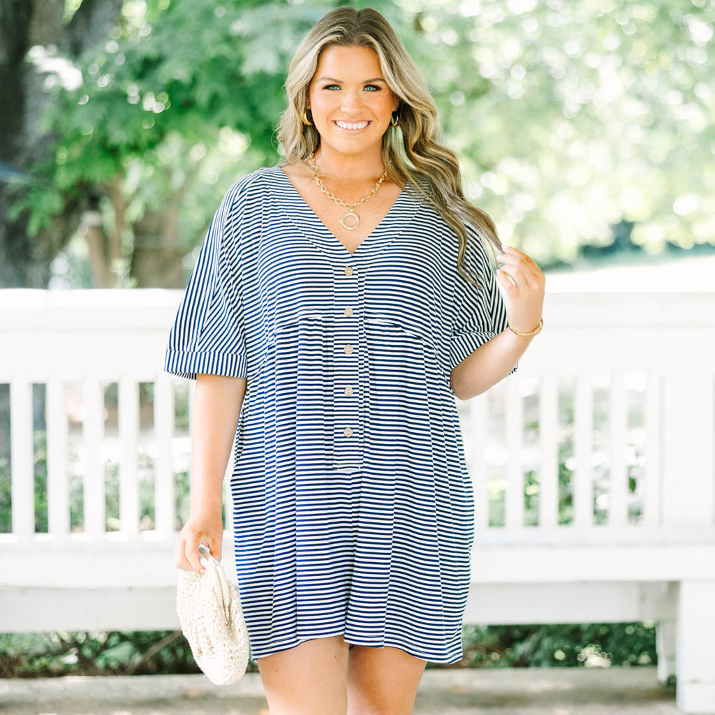 Throw On And Go Romper, Navy Stripe