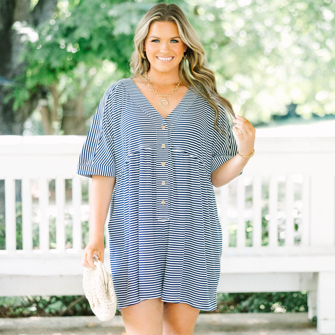 Throw On And Go Romper, Navy Stripe