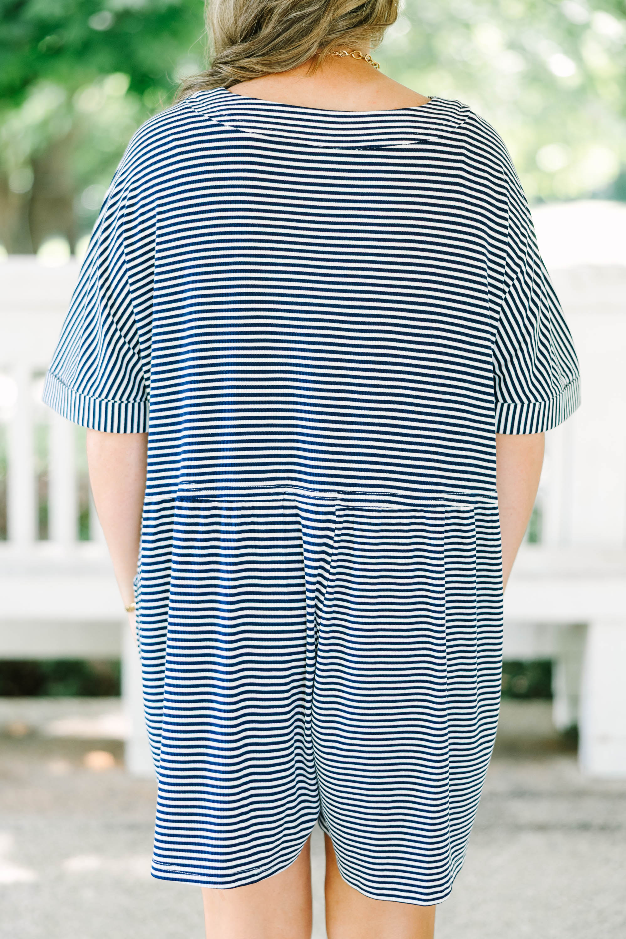 Throw On And Go Romper, Navy Stripe