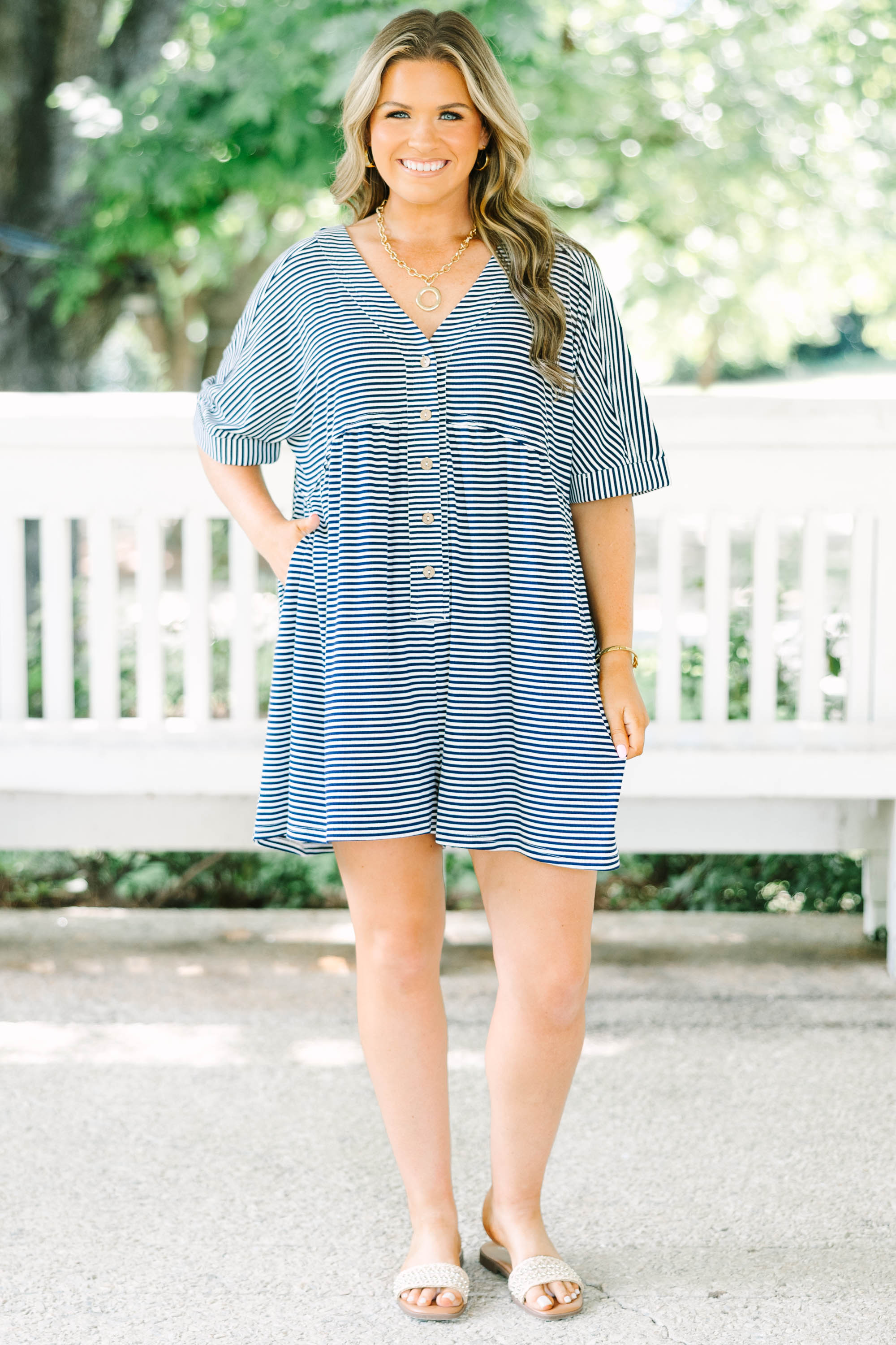 Throw On And Go Romper, Navy Stripe