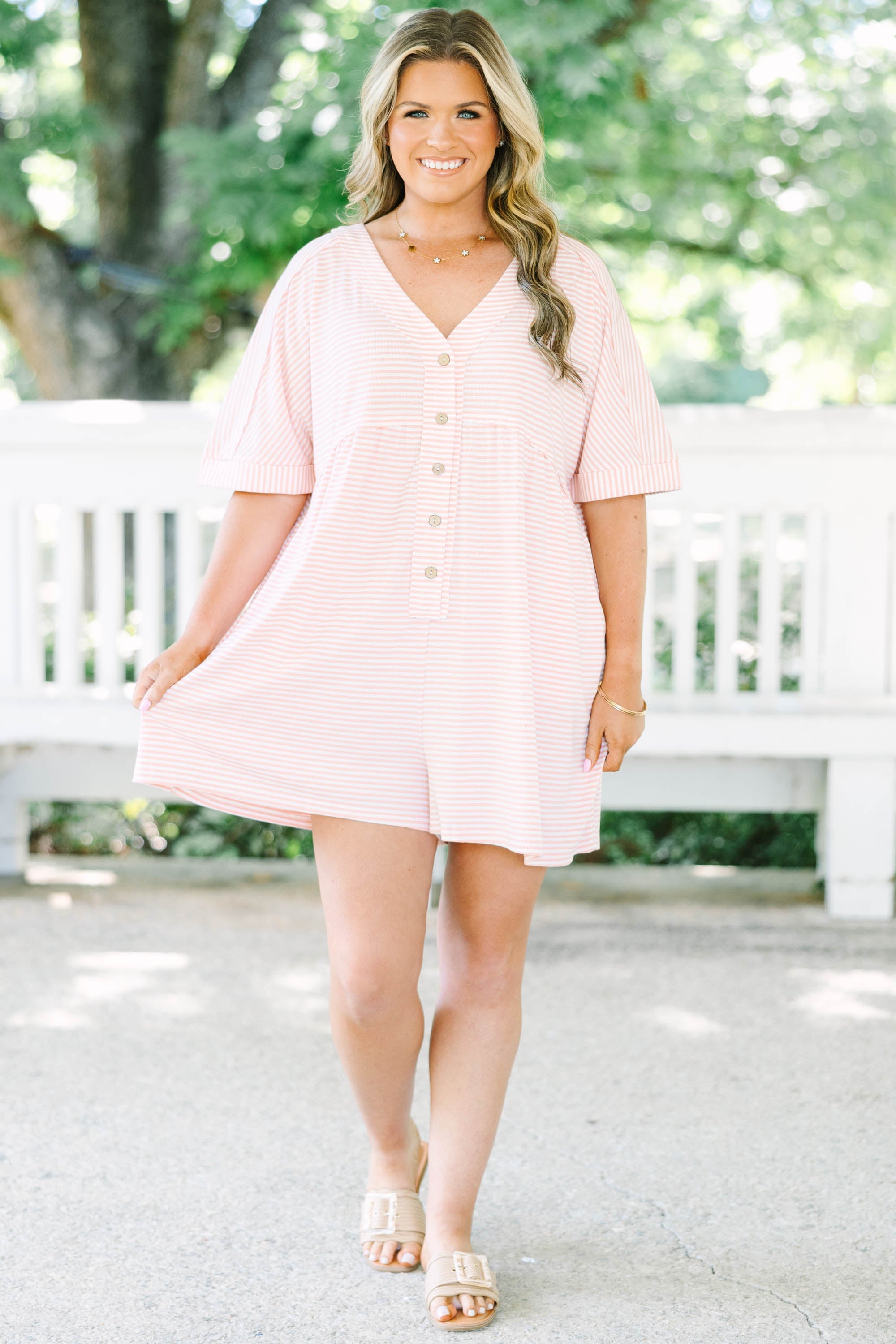 Throw On And Go Romper, Pink Stripe