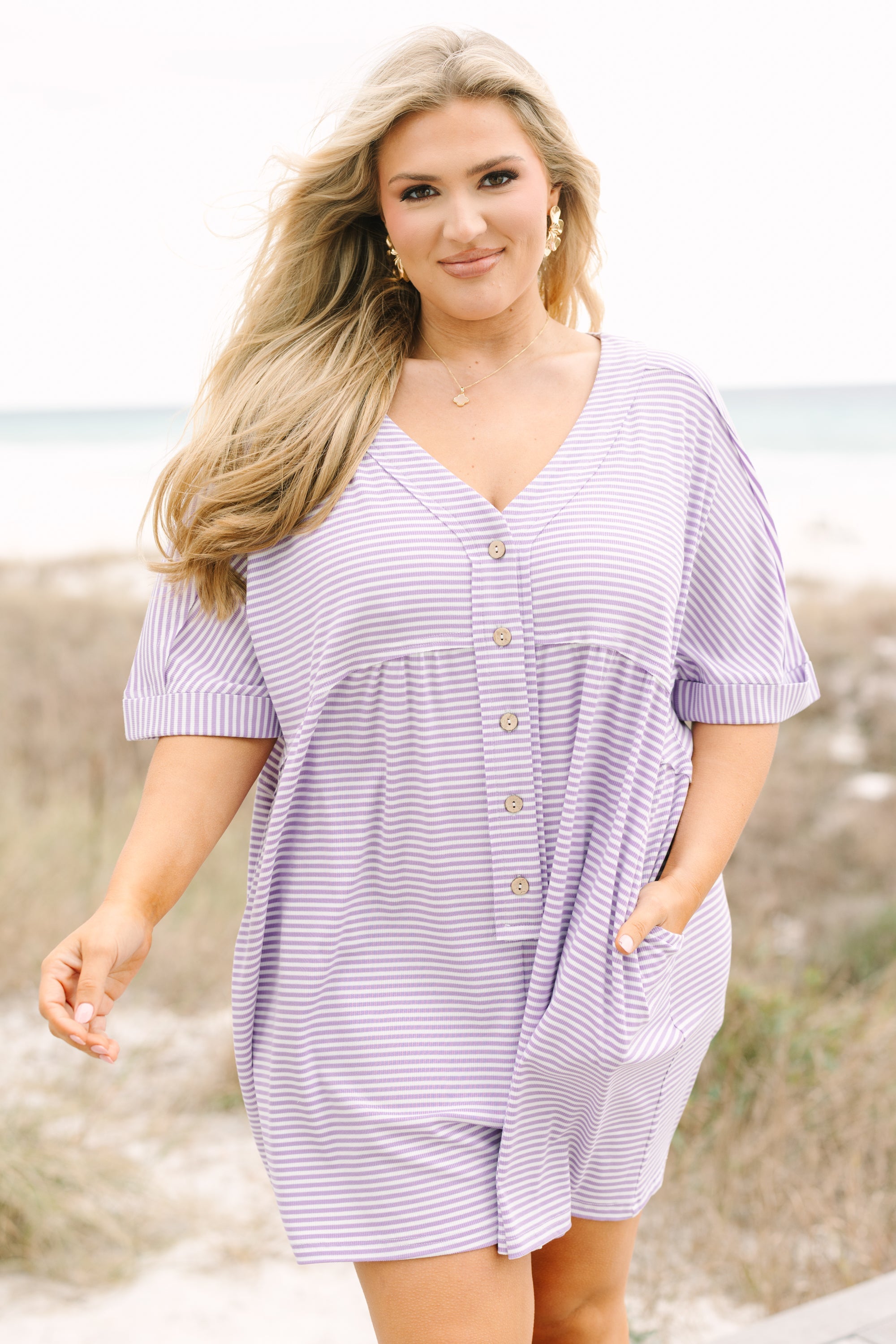 Throw On And Go Romper, Purple Stripe