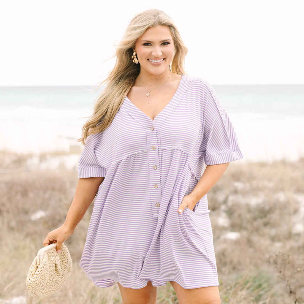 Throw On And Go Romper, Purple Stripe