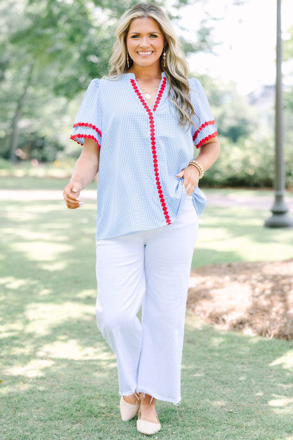 Treading Lightly Top, Blue Gingham