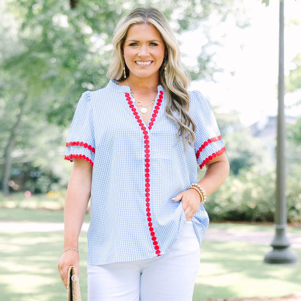 Treading Lightly Top, Blue Gingham