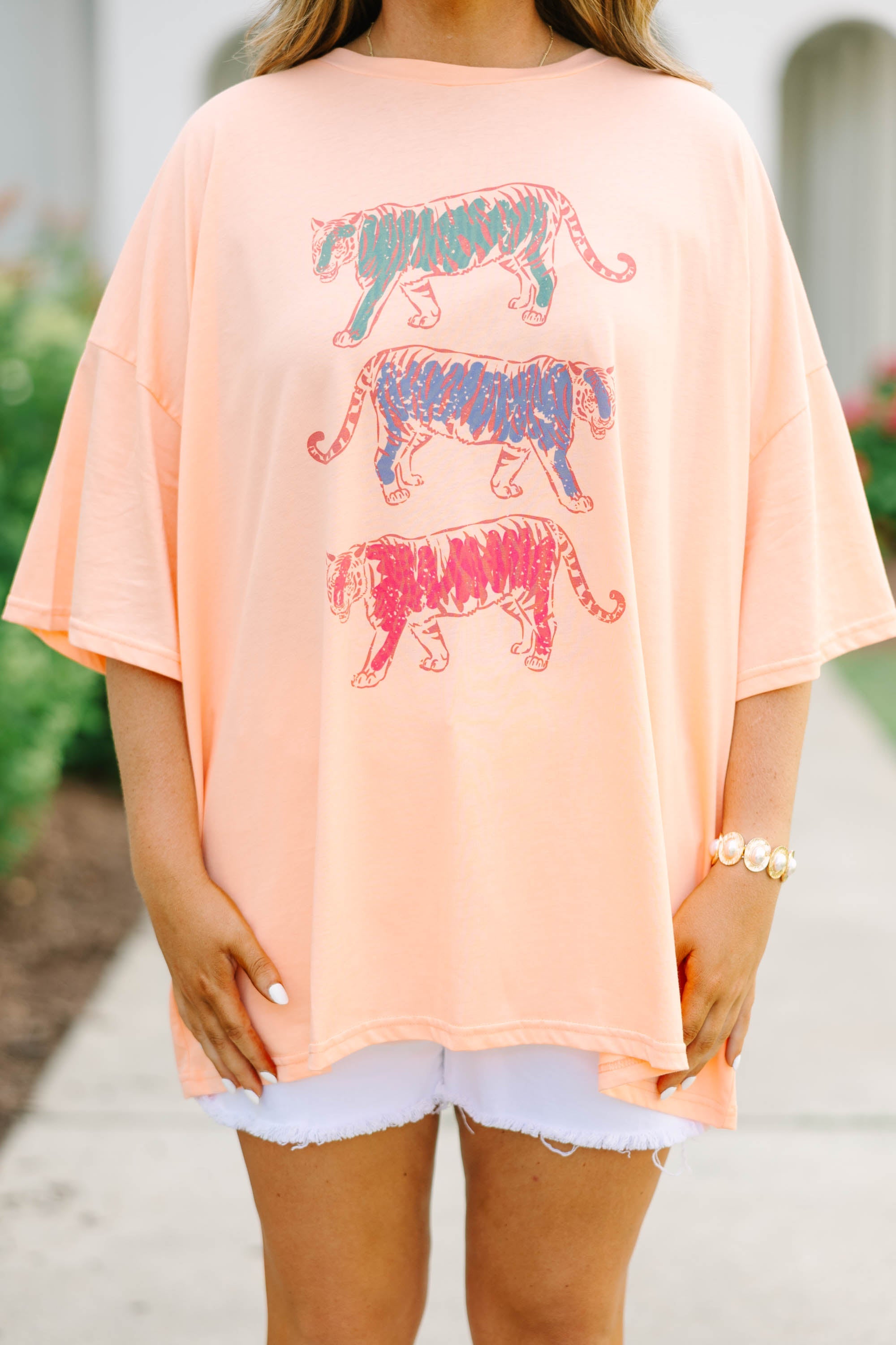 Trendy Tiger Boyfriend Tee, Neon Coral