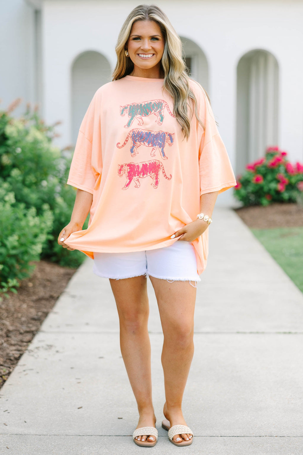 Trendy Tiger Boyfriend Tee, Neon Coral