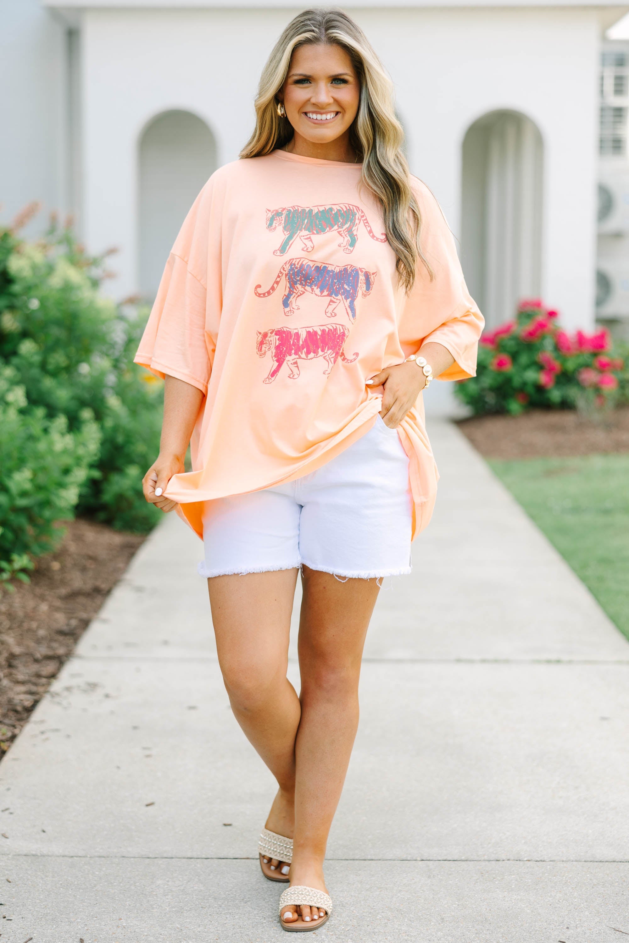 Trendy Tiger Boyfriend Tee, Neon Coral