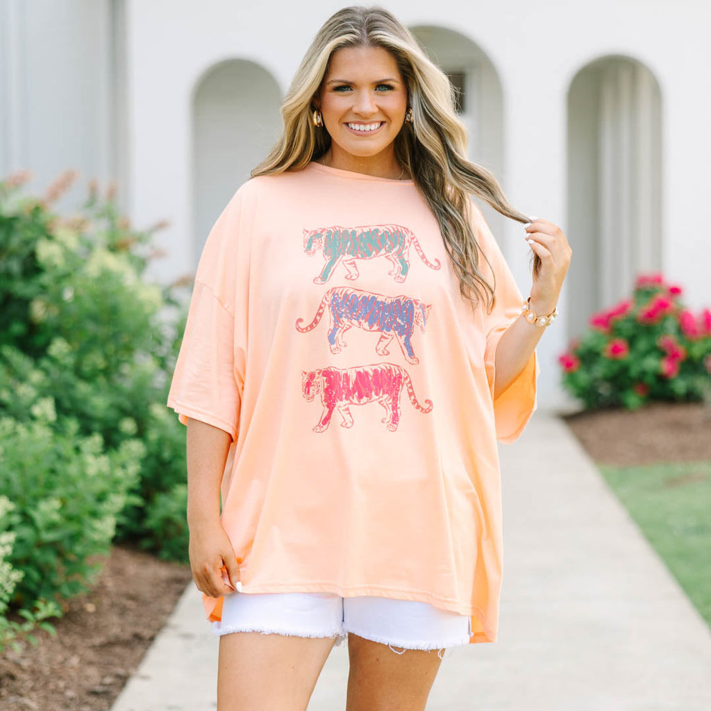 Trendy Tiger Boyfriend Tee, Neon Coral