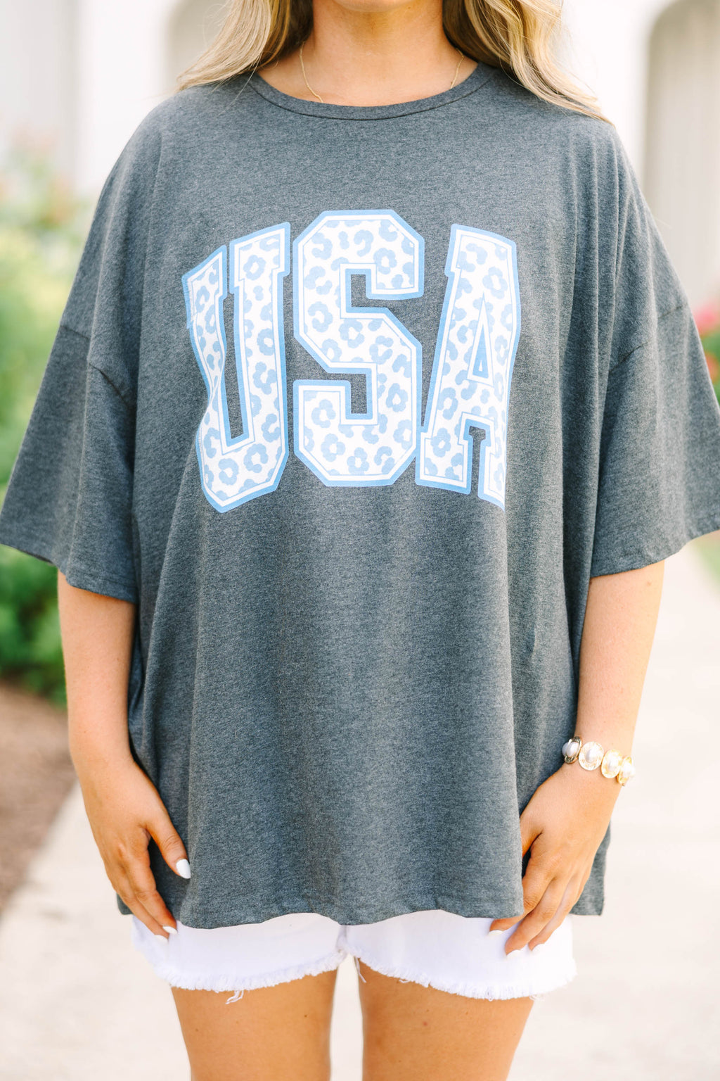 USA Leopard Boyfriend Tee, Charcoal