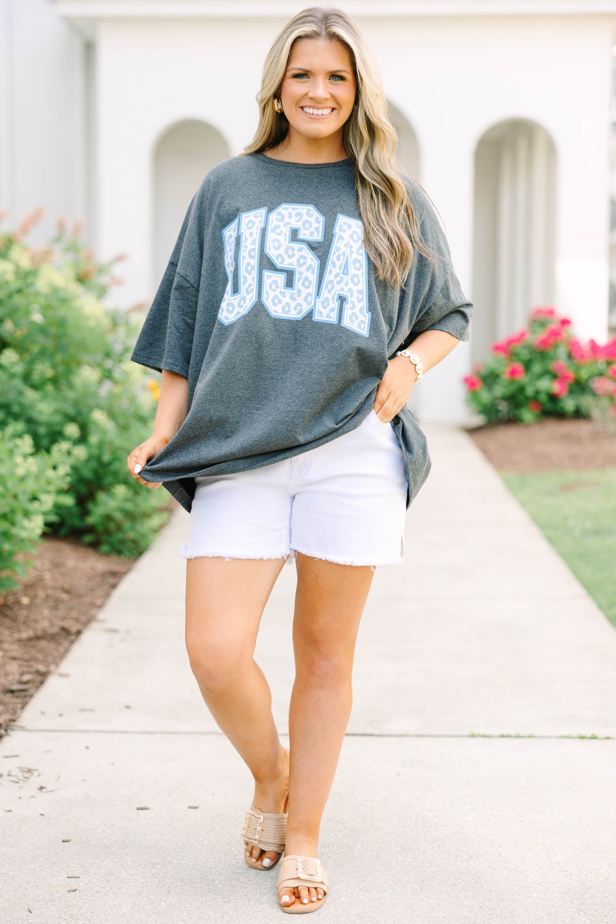 USA Leopard Boyfriend Tee, Charcoal