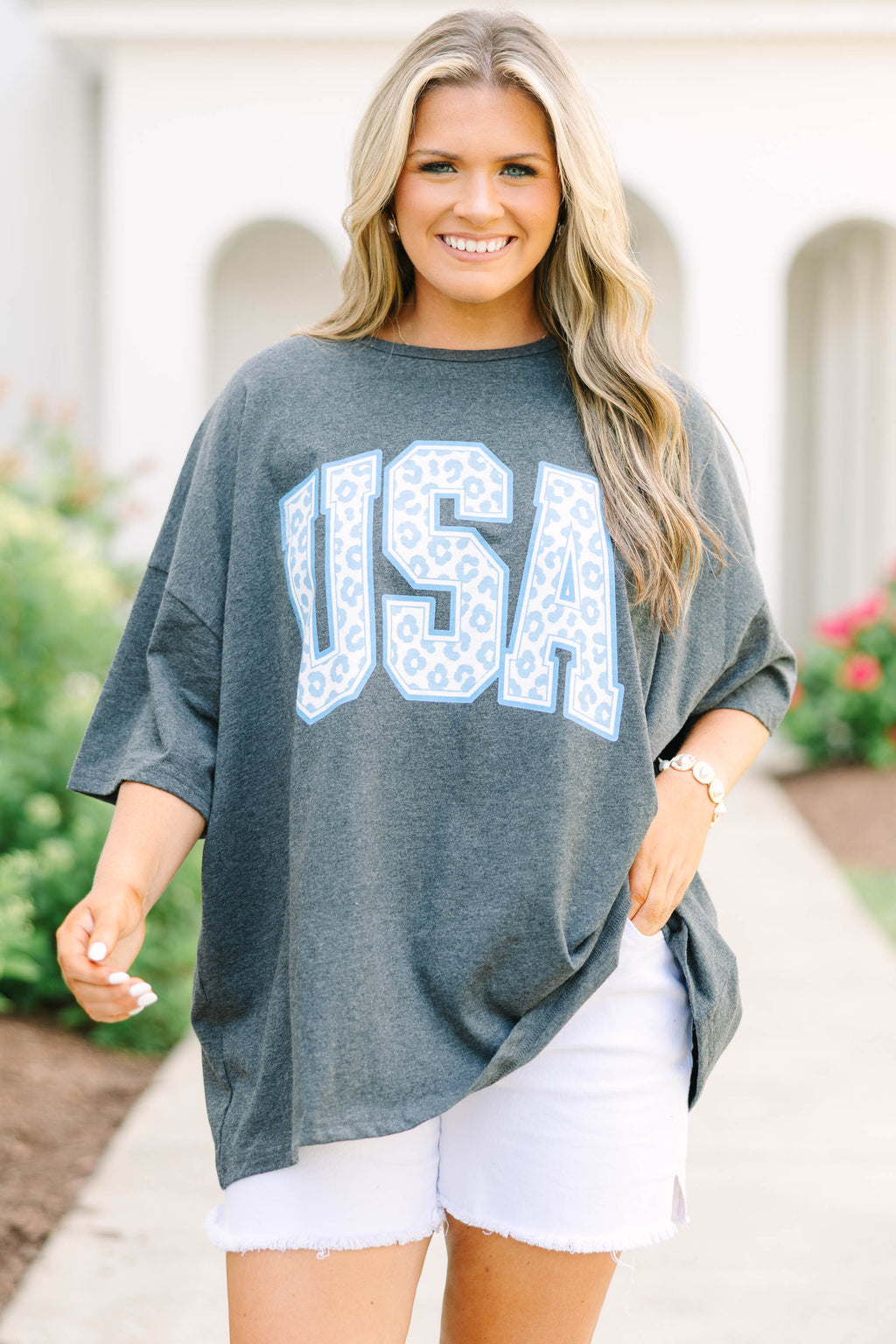 USA Leopard Boyfriend Tee, Charcoal