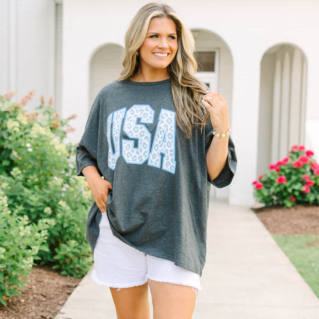 USA Leopard Boyfriend Tee, Charcoal