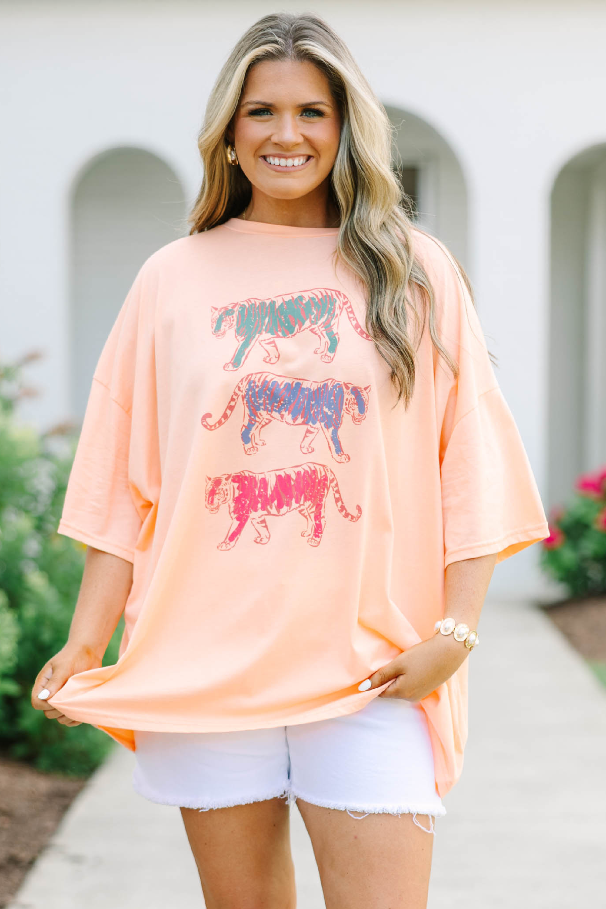 Trendy Tiger Boyfriend Tee, Neon Coral