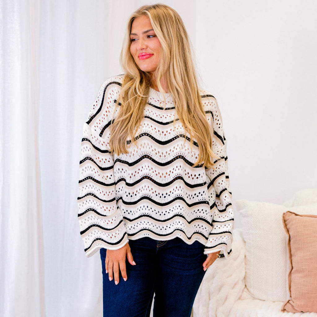 Wavy Comfort Sweater, Cream-Black