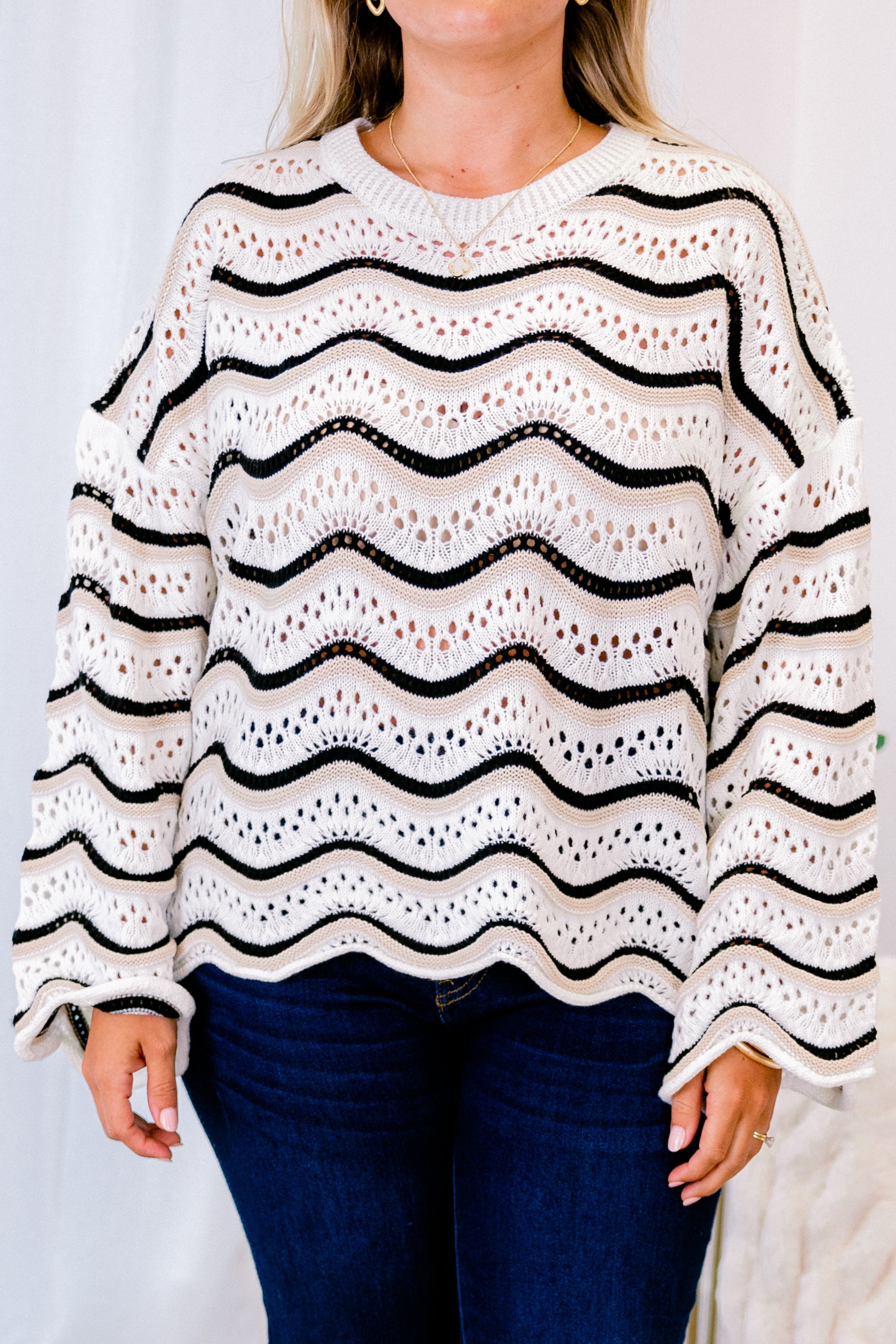 Wavy Comfort Sweater, Cream-Black