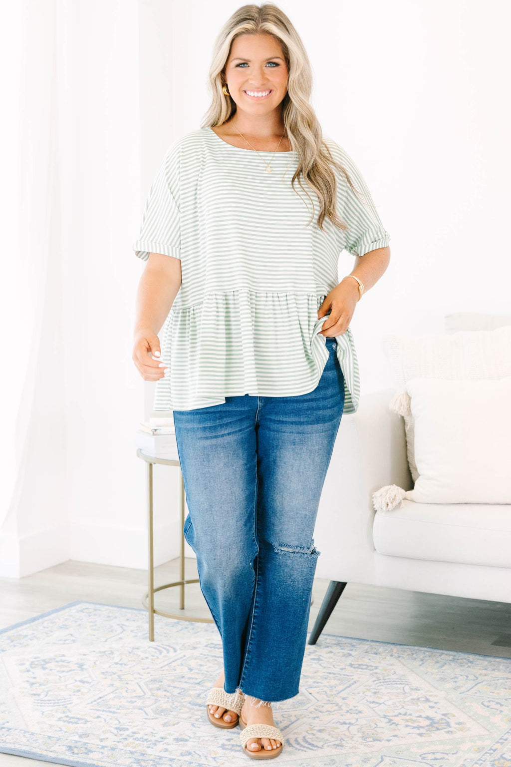 Wear And Tear Top, Sage-Ivory