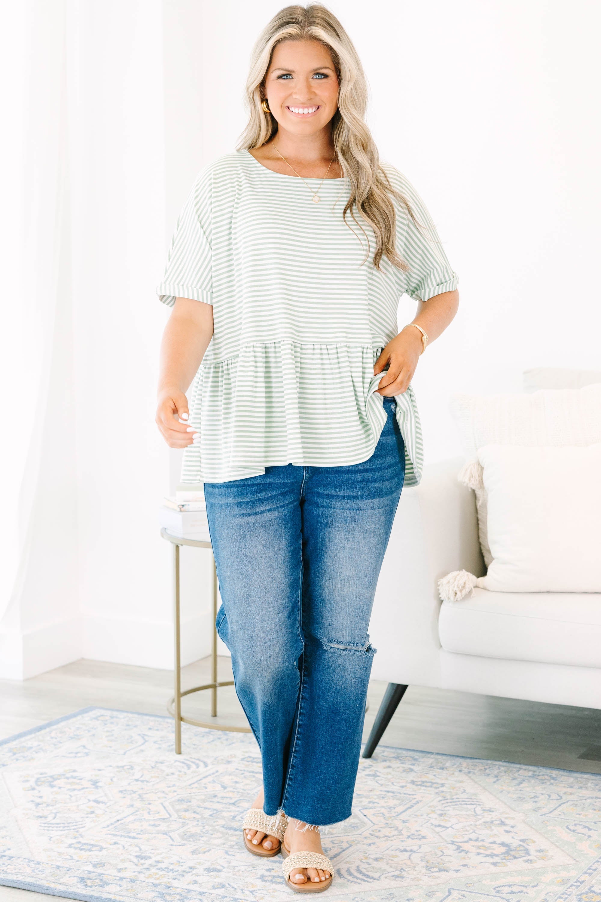 Wear And Tear Top, Sage-Ivory