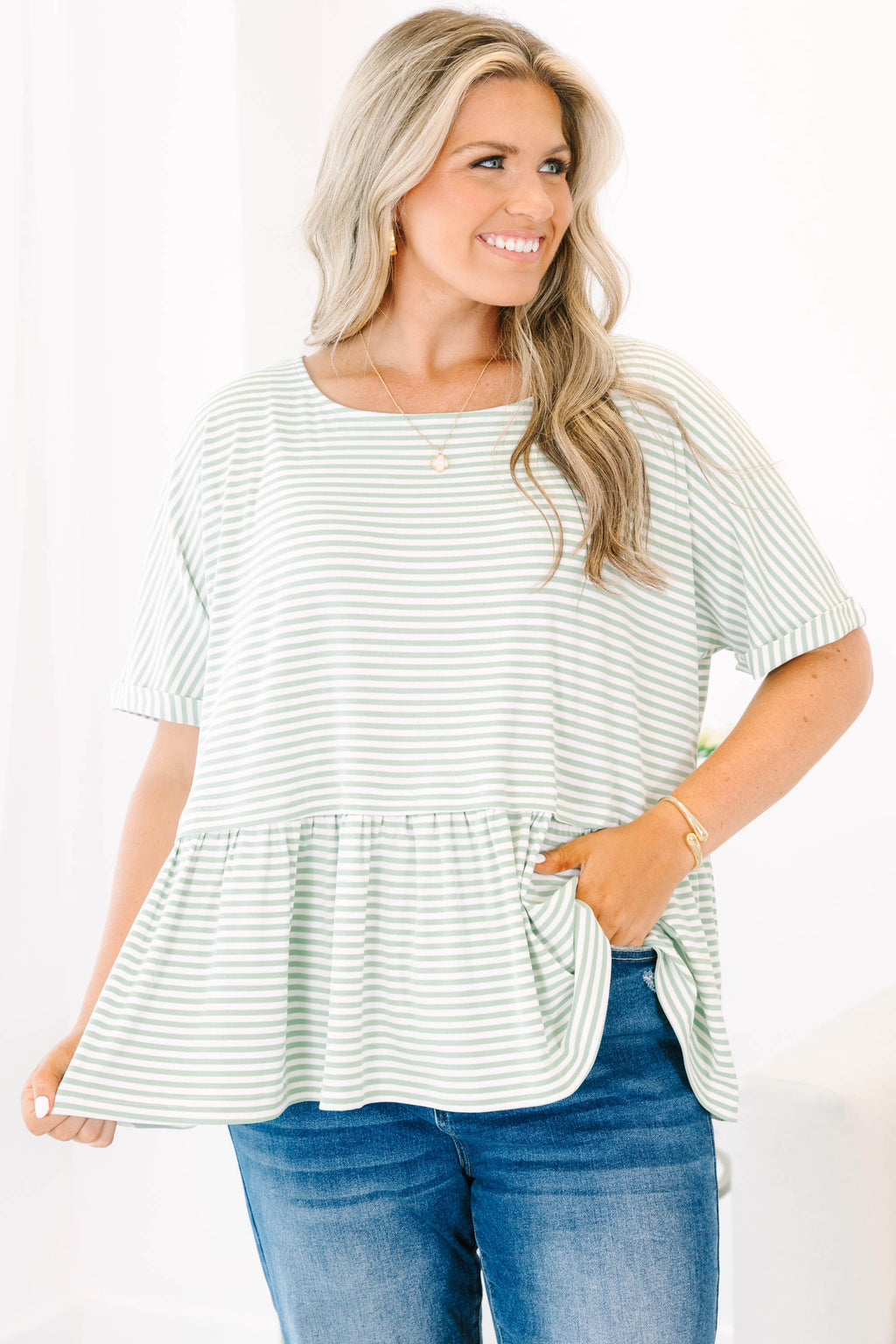 Wear And Tear Top, Sage-Ivory