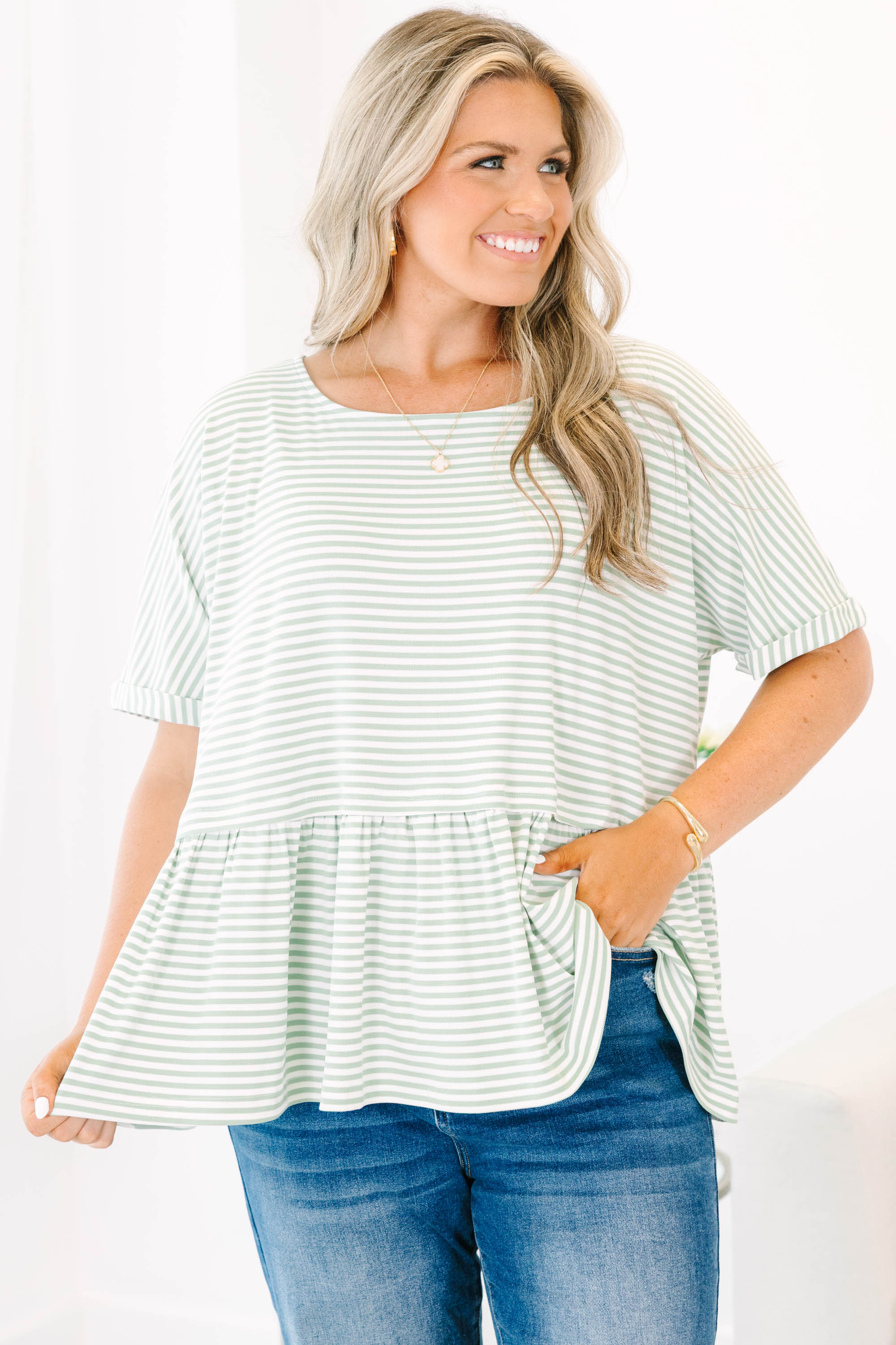 Wear And Tear Top, Sage-Ivory