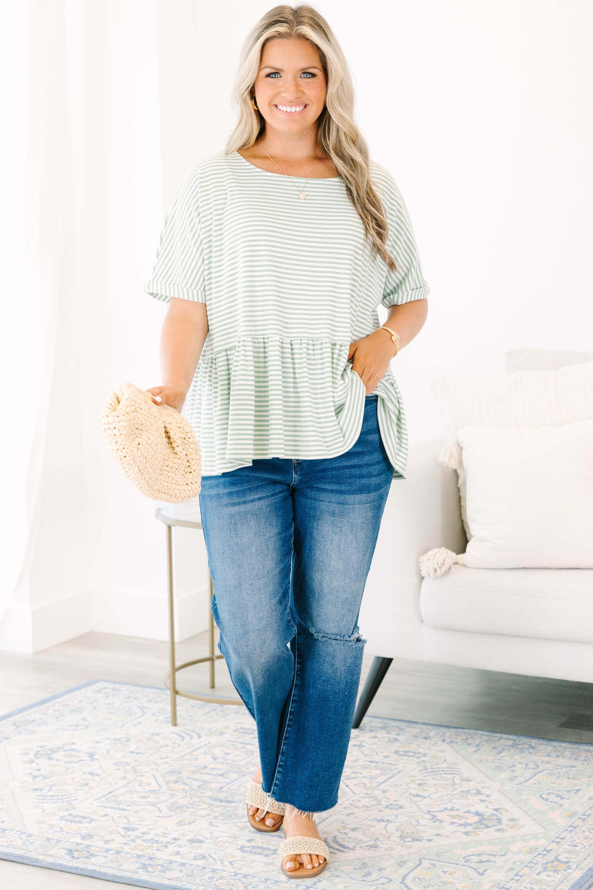 Wear And Tear Top, Sage-Ivory