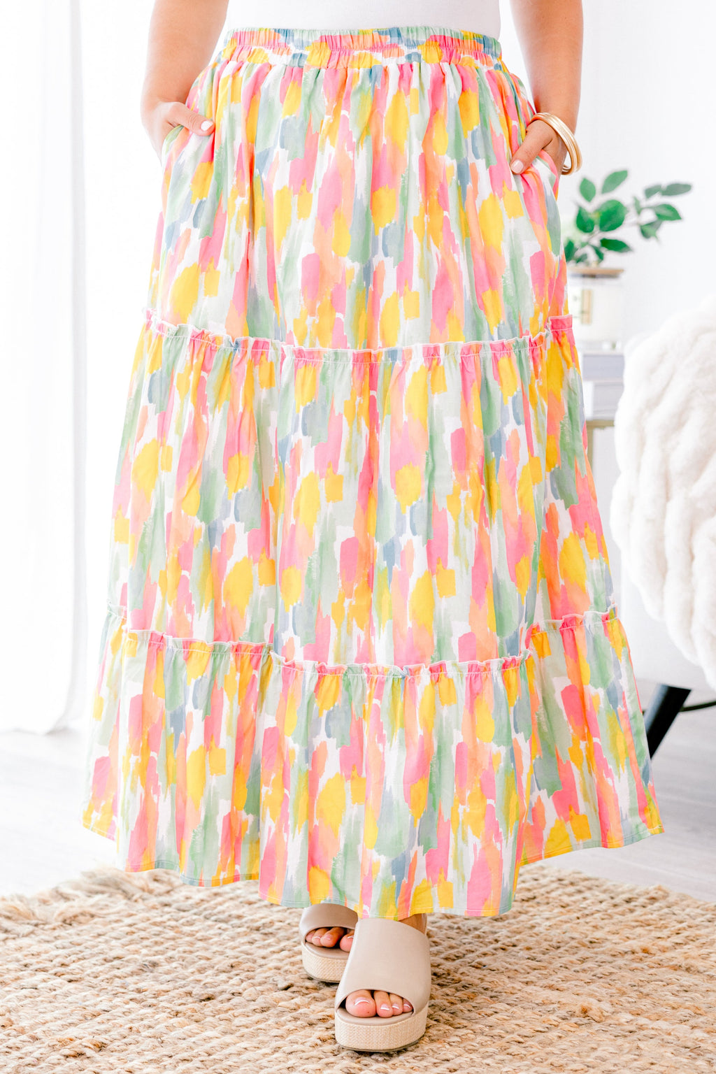 Whimsical Woman Maxi Skirt, Pink Watercolor