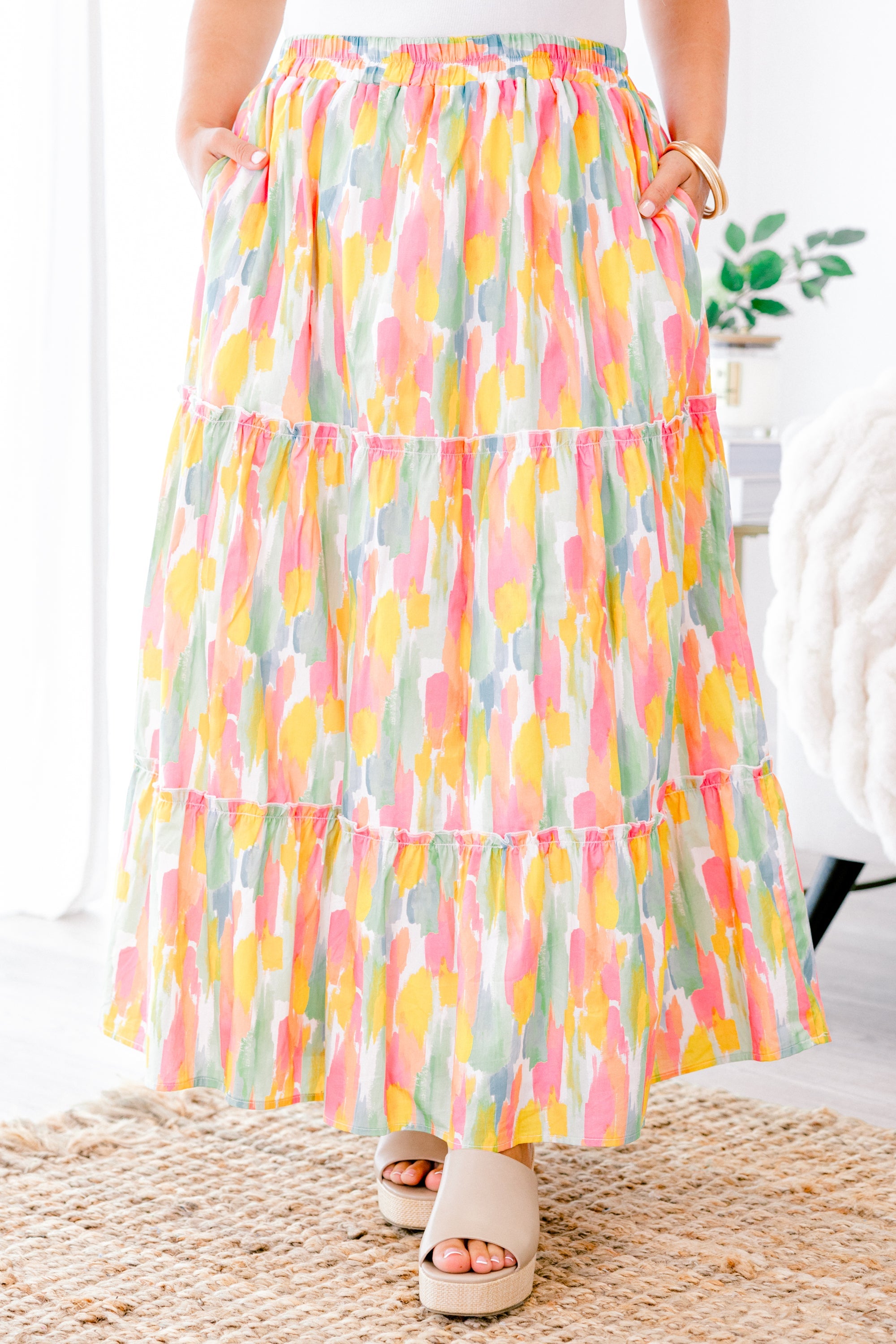 Whimsical Woman Maxi Skirt, Pink Watercolor