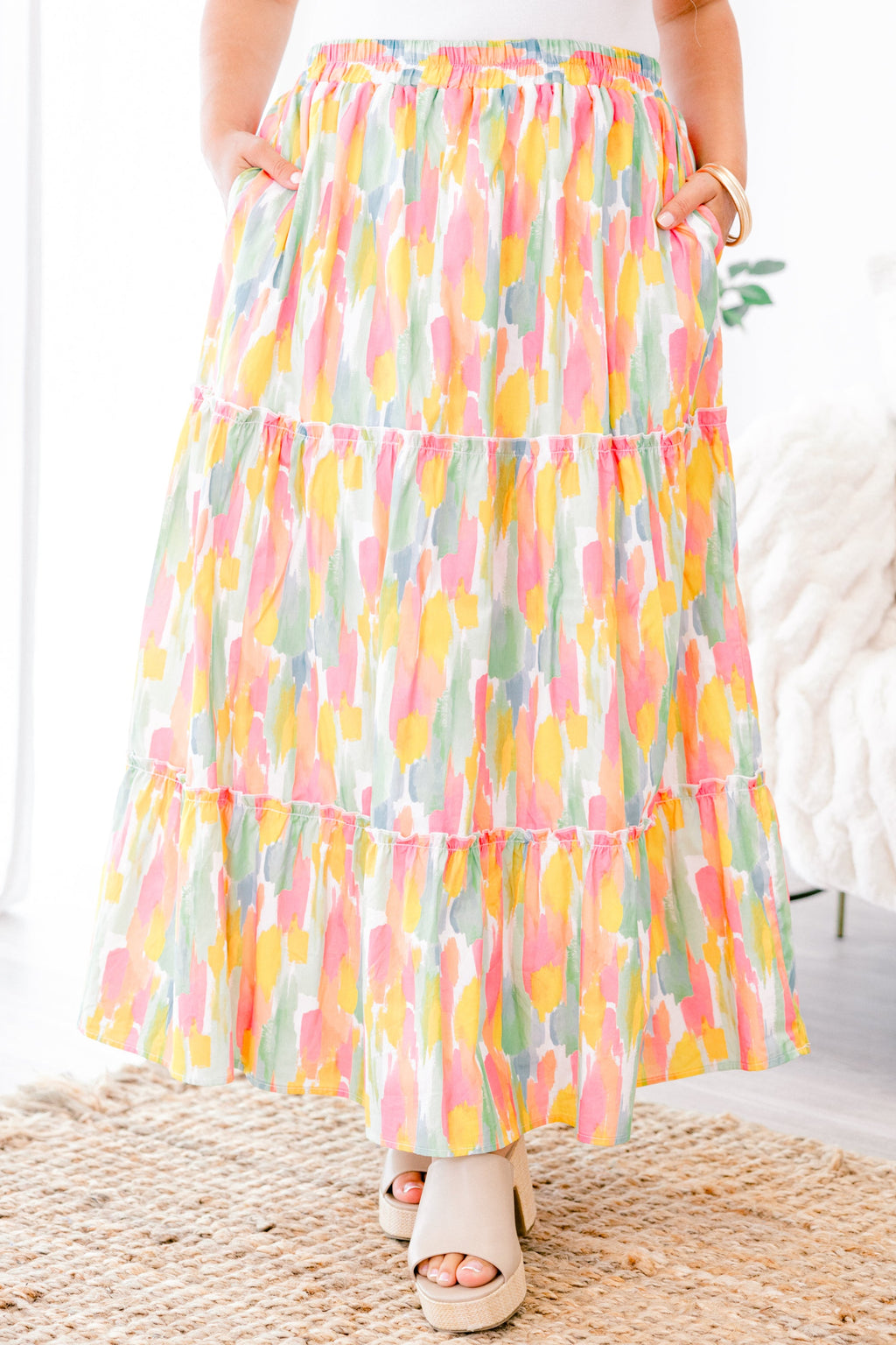 Whimsical Woman Maxi Skirt, Pink Watercolor