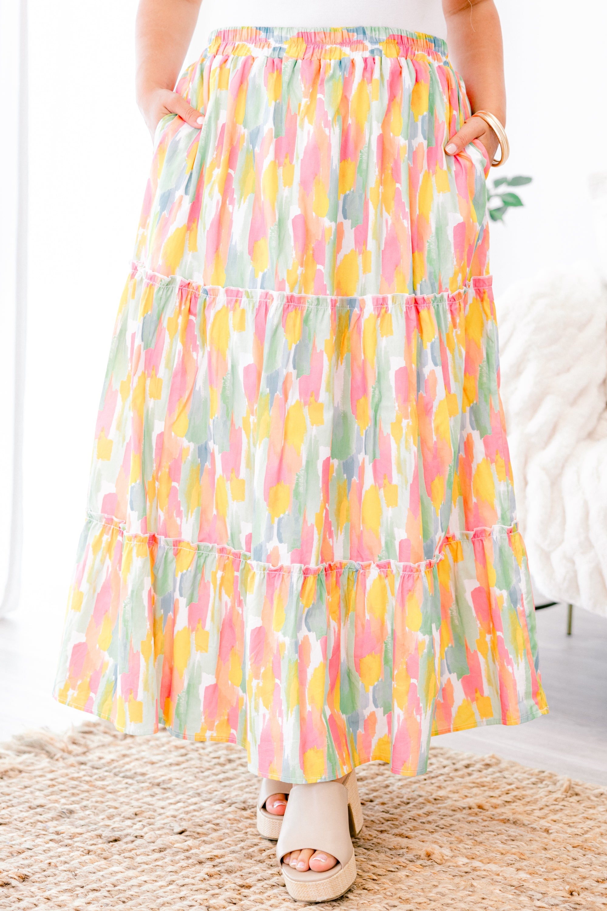 Whimsical Woman Maxi Skirt, Pink Watercolor
