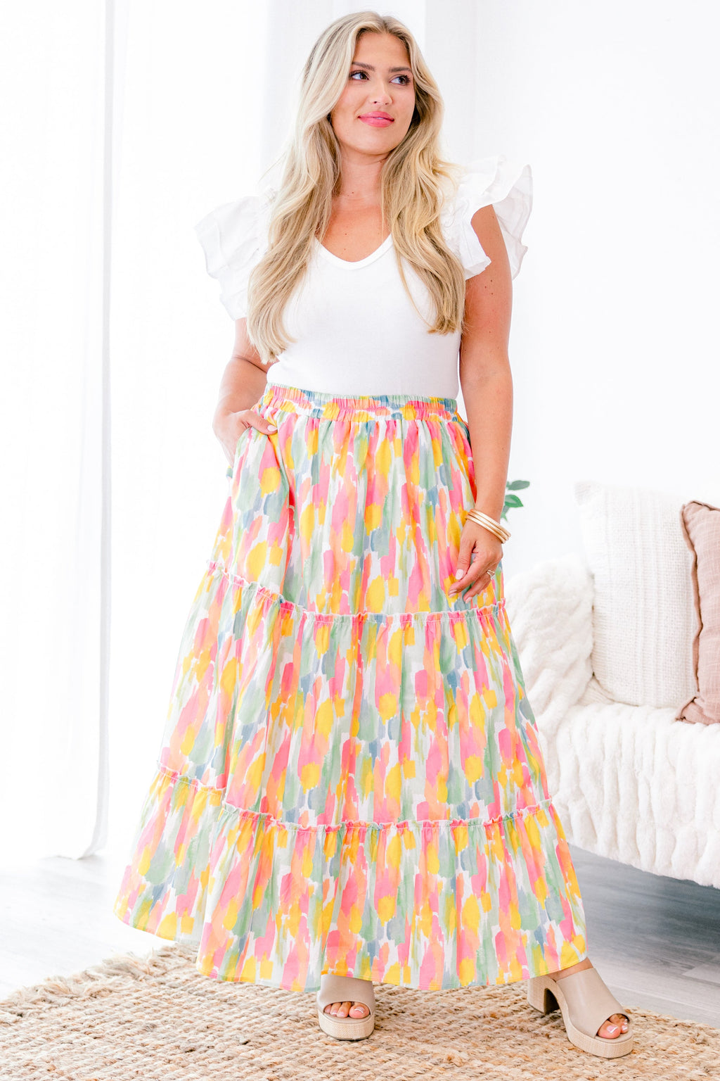 Whimsical Woman Maxi Skirt, Pink Watercolor