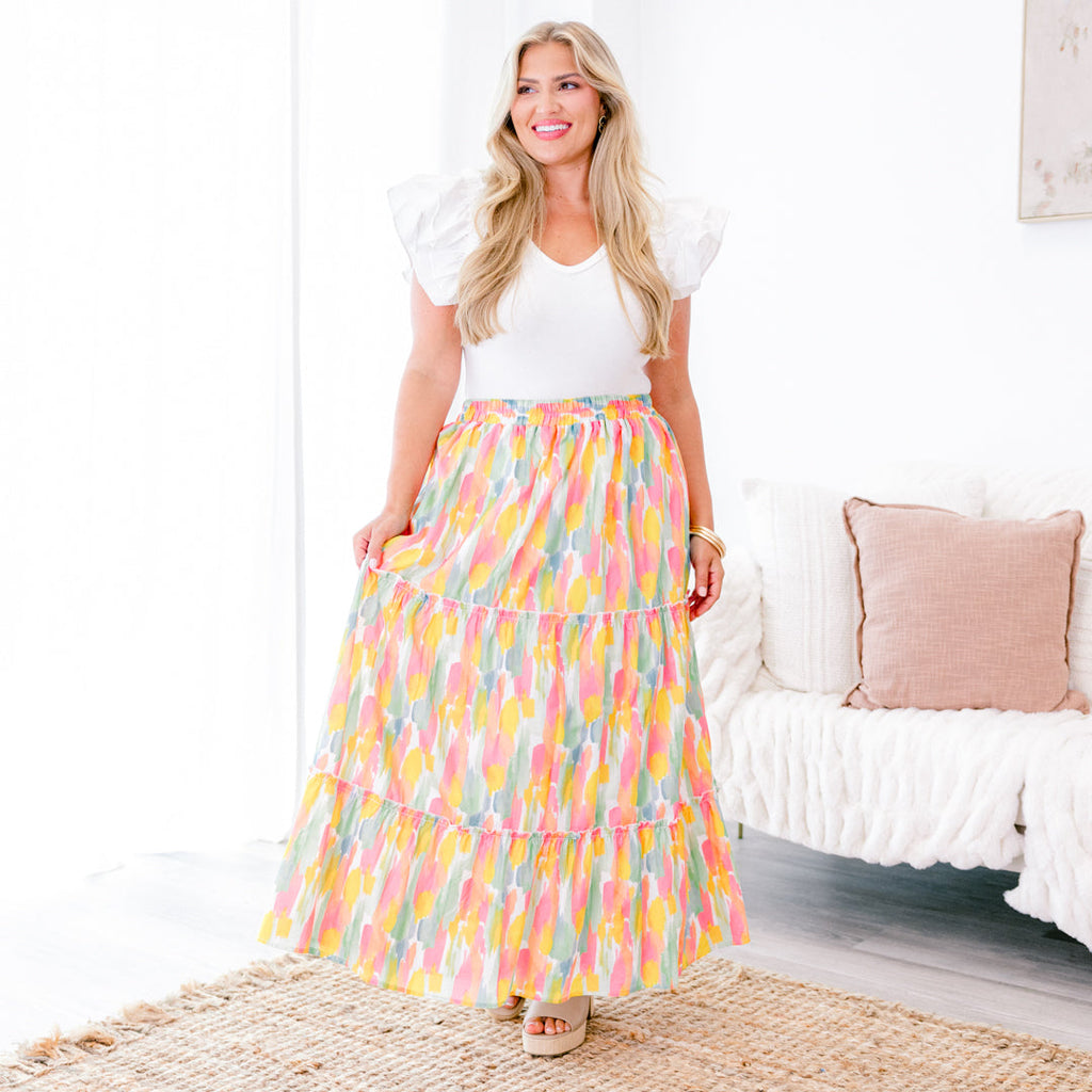Whimsical Woman Maxi Skirt, Pink Watercolor