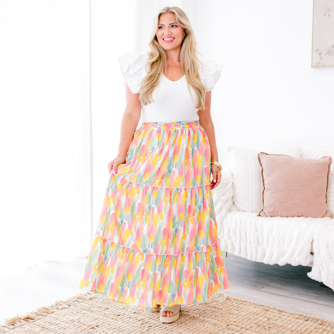 Whimsical Woman Maxi Skirt, Pink Watercolor
