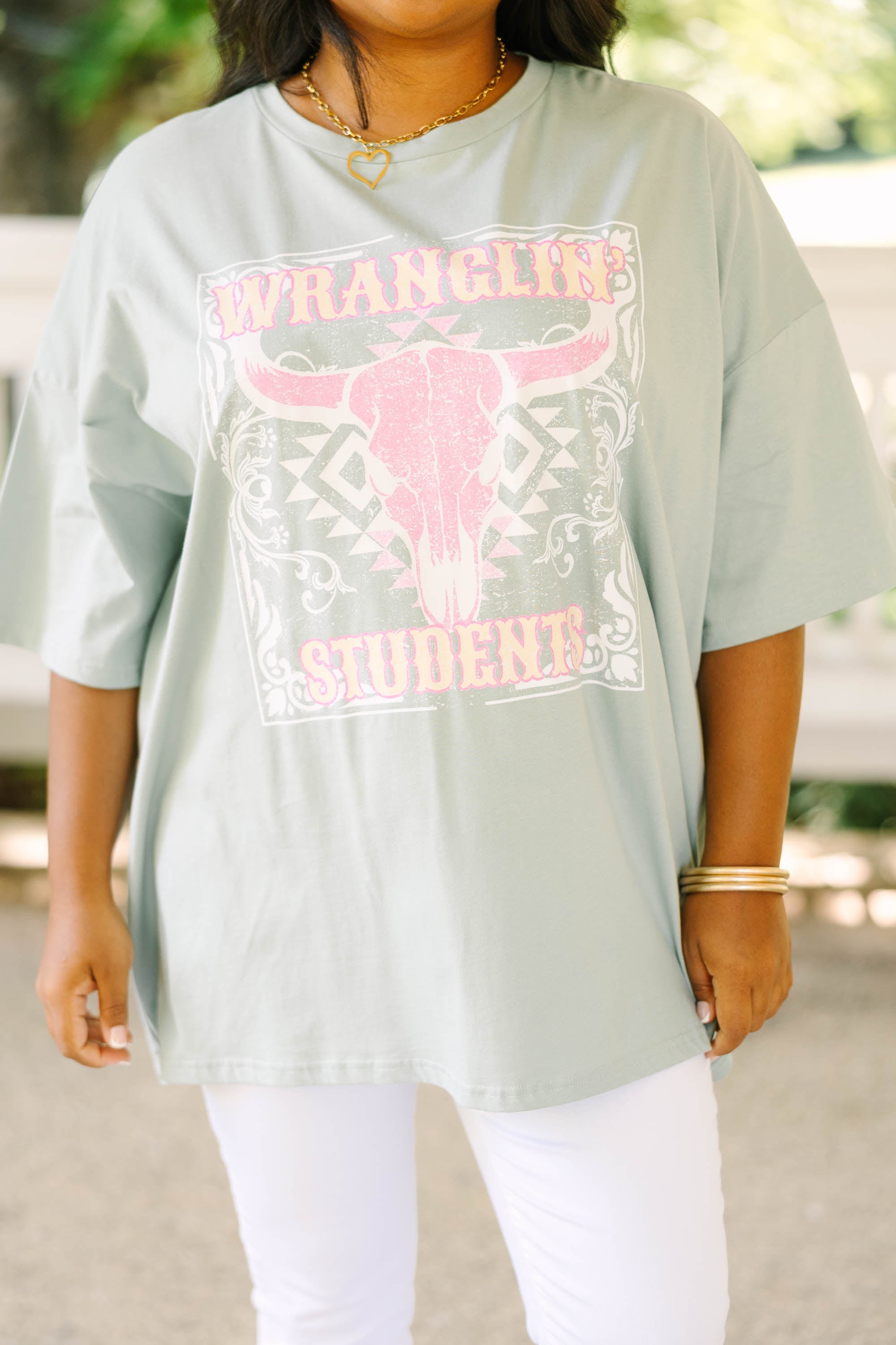 Wranglin Students Boyfriend Tee, Light Sage
