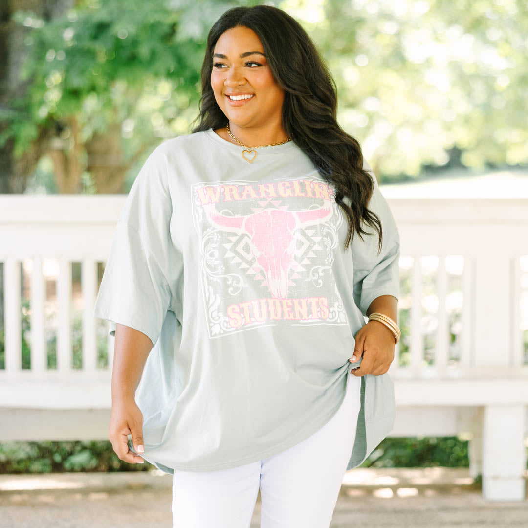 Wranglin Students Boyfriend Tee, Light Sage