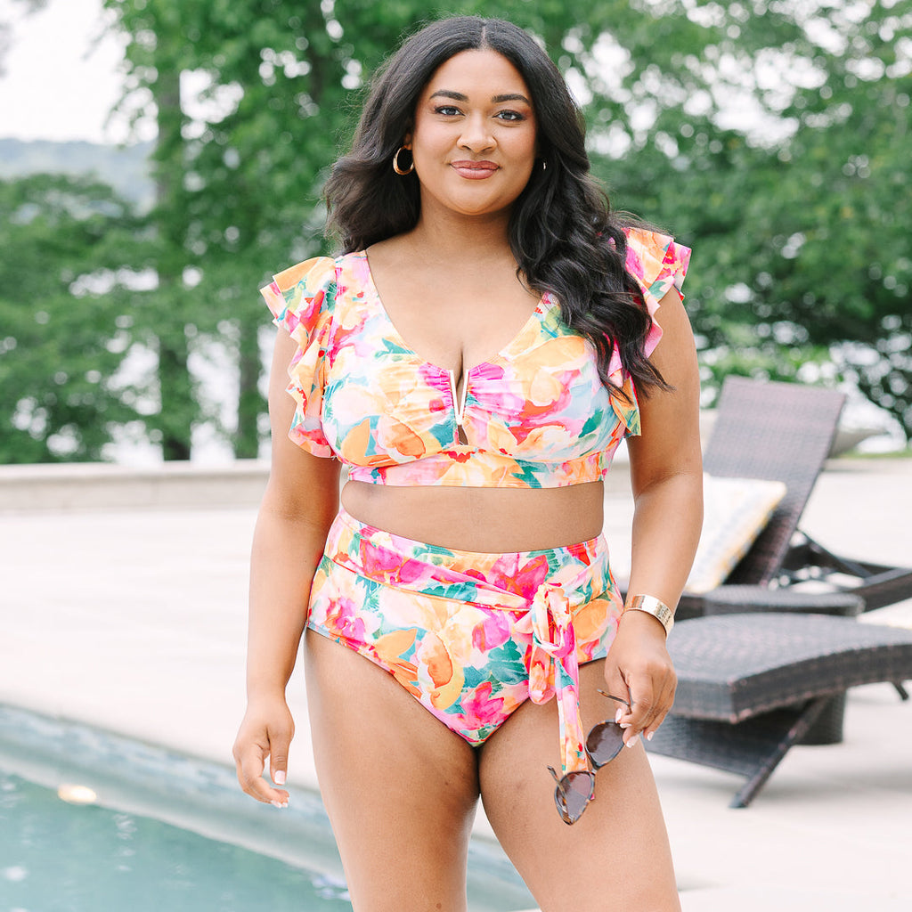 Beach Babe Swim Top, Orange Floral