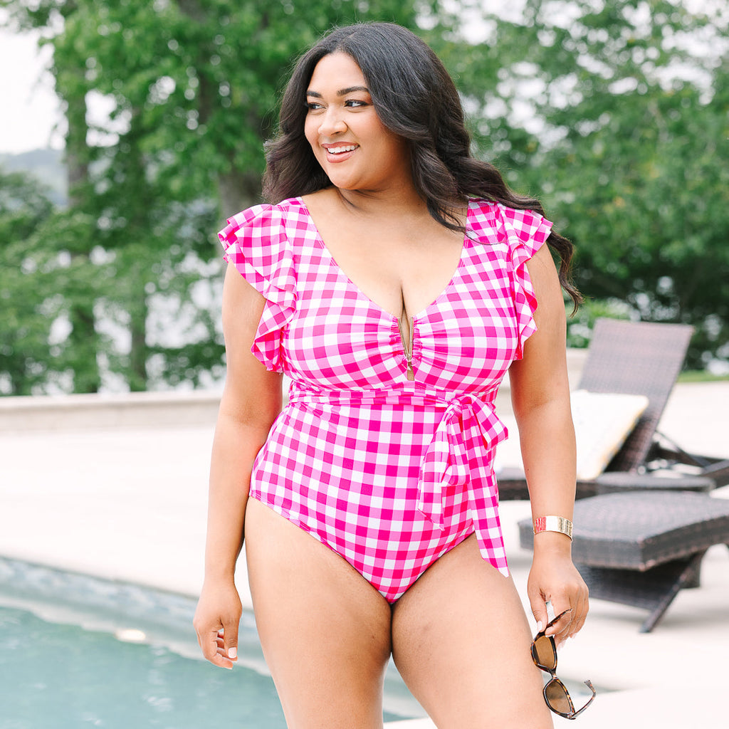 Beach Beauty Swimsuit, Fuchsia Gingham