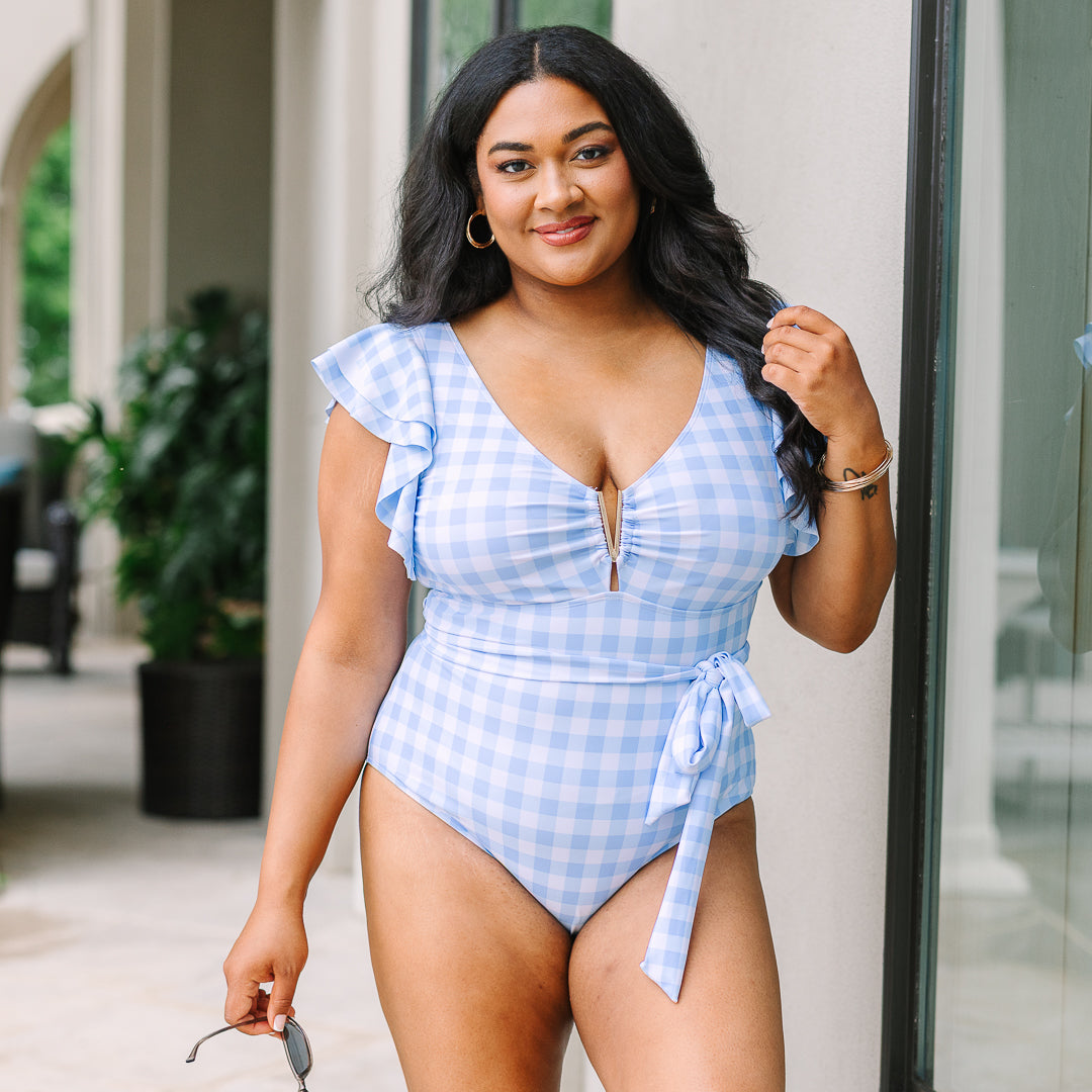 Beach Beauty Swimsuit, Blue Gingham