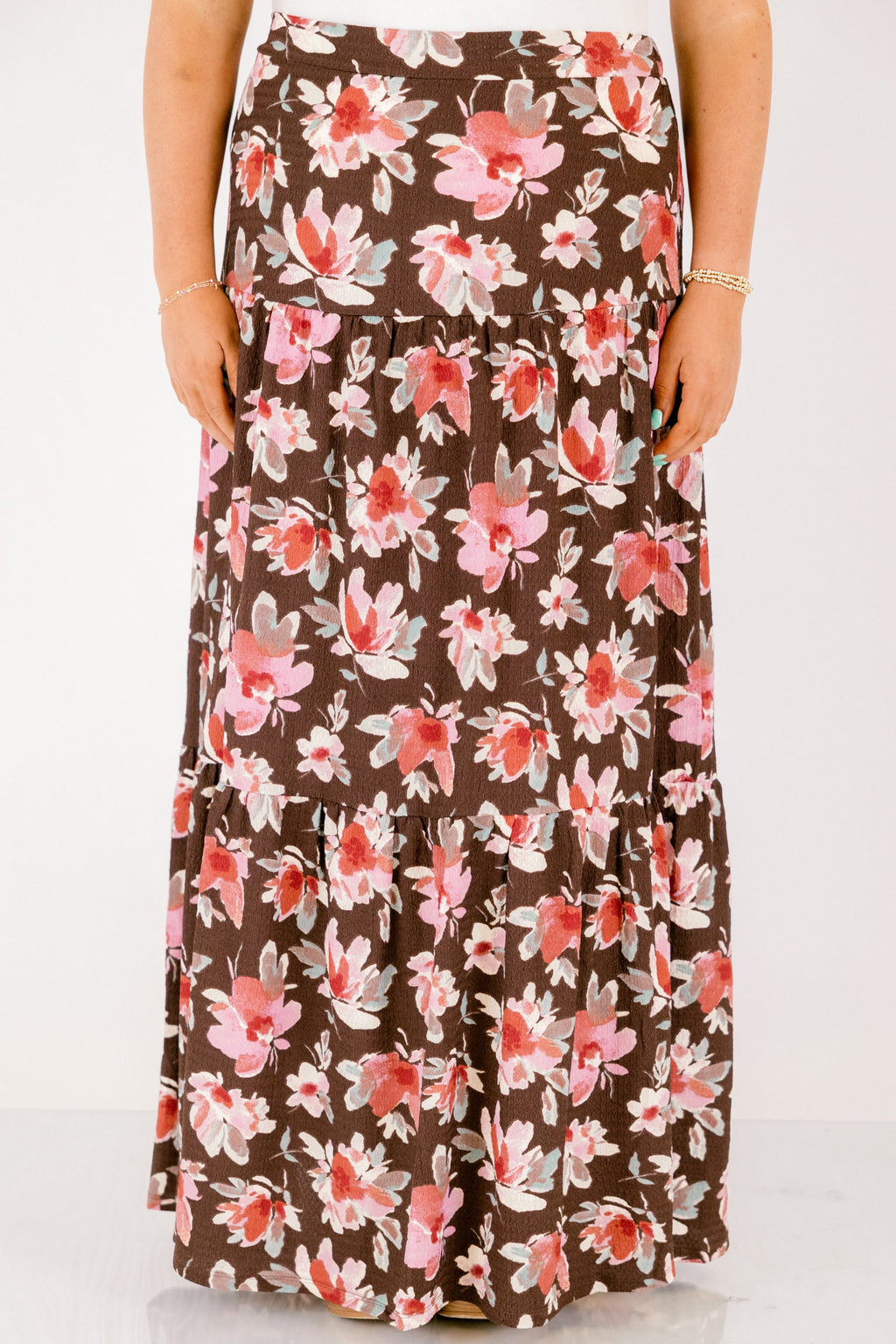 Charming Blooms Maxi Skirt, Brown Floral