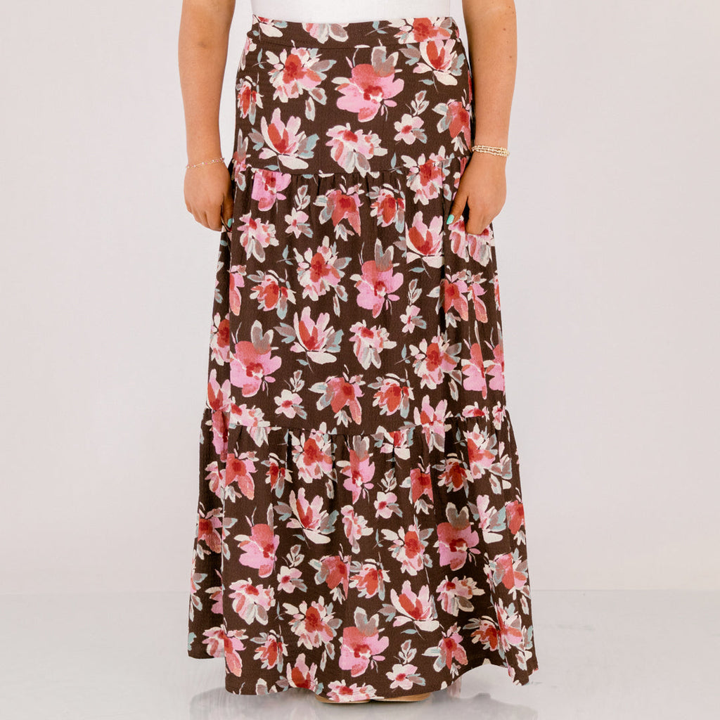 Charming Blooms Maxi Skirt, Brown Floral